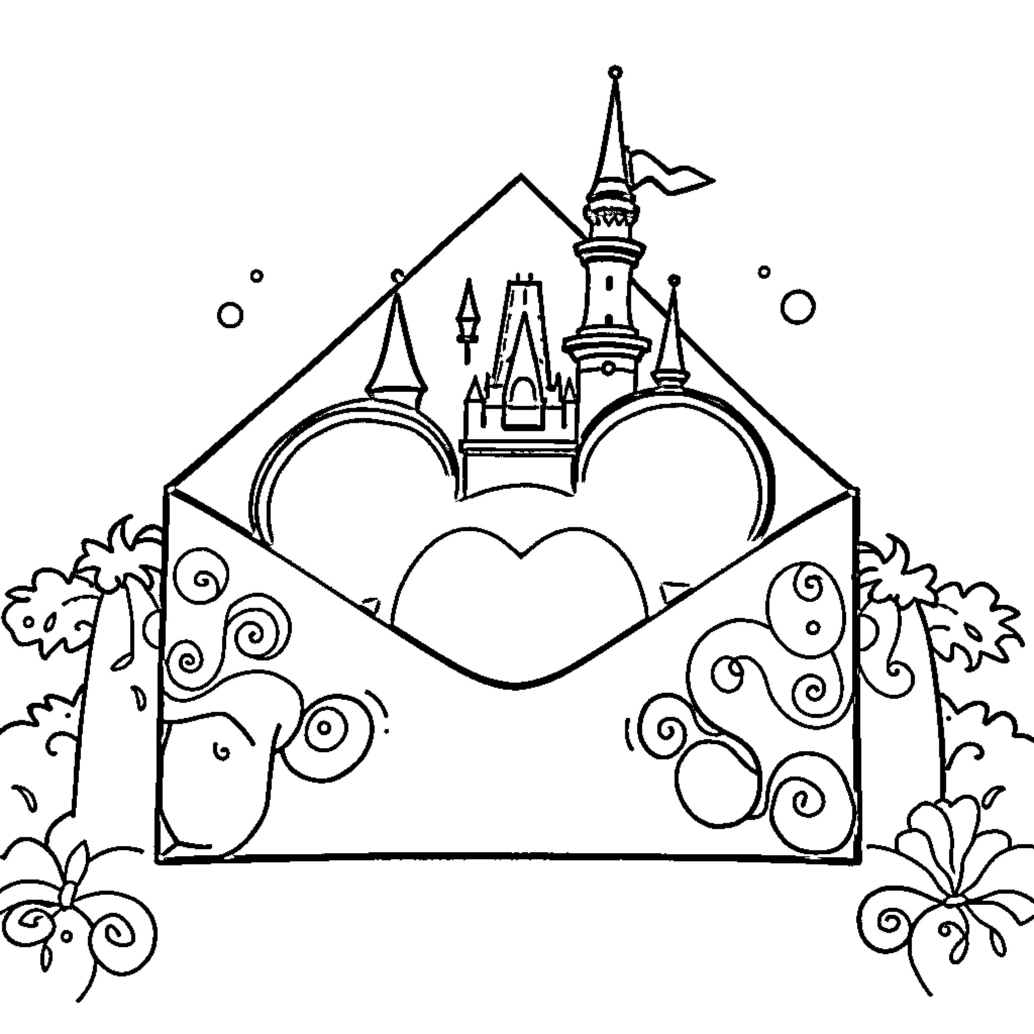 Disney Magical Castle Illustration Coloring Page (free black-and-white line drawing printable PDF for all, from beginners to advanced learners, including children, teens, adults, and seniors)