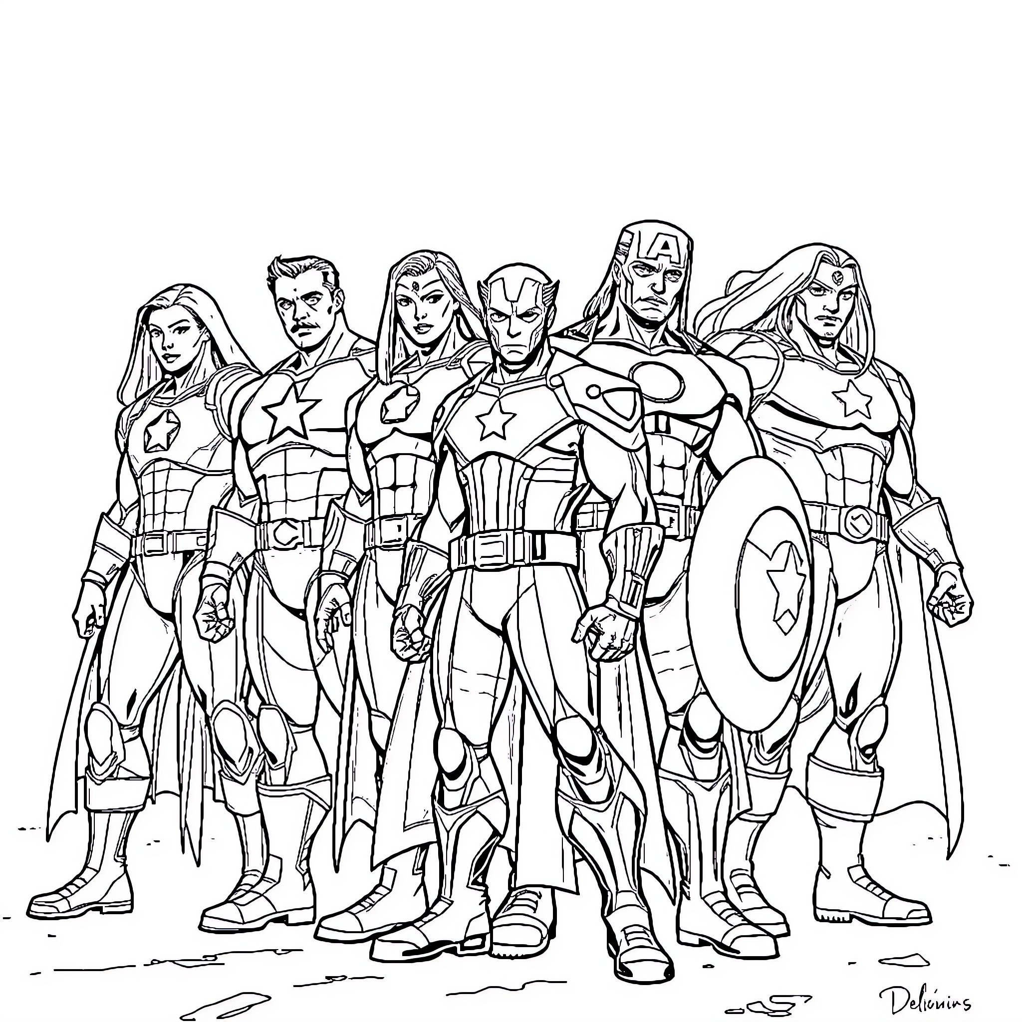 Avengers Assemble in Heroic Stance Coloring Page (free black-and-white line drawing printable PDF for all, from beginners to advanced learners, including children, teens, adults, and seniors)