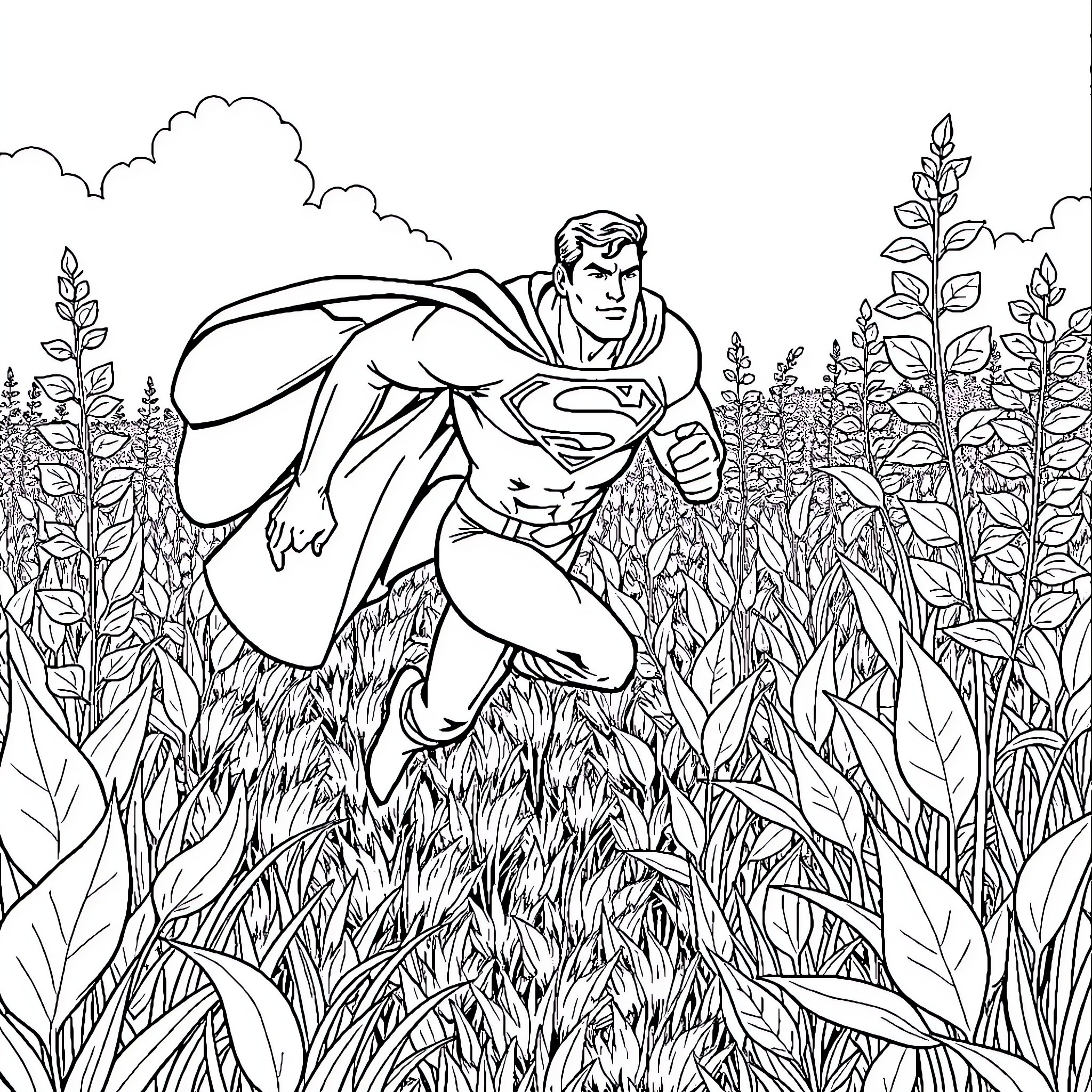 Superman soaring through the lush countryside Coloring Page (free black-and-white line drawing printable PDF for all, from beginners to advanced learners, including children, teens, adults, and seniors)