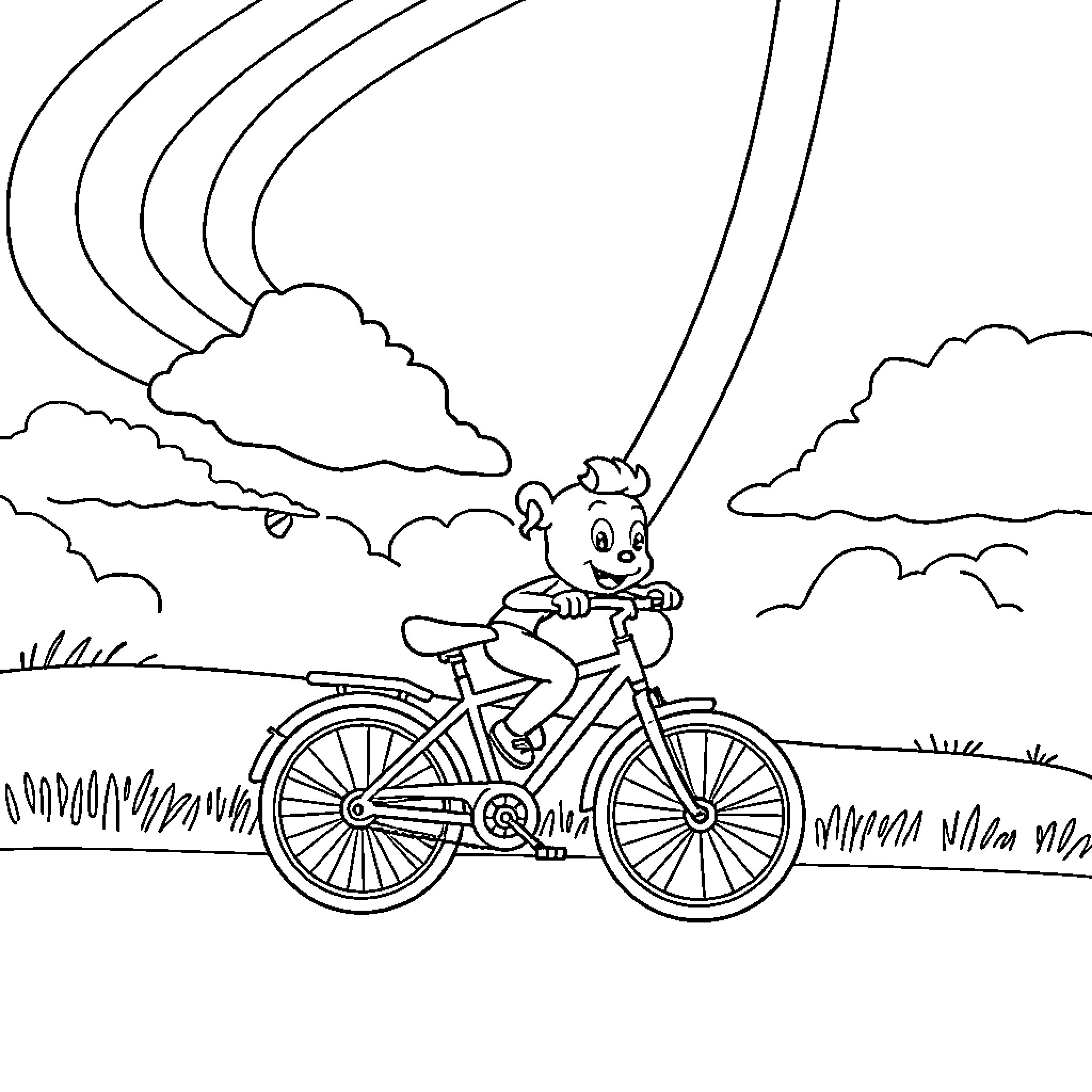 Bluey riding a bicycle in the countryside Coloring Page (free black-and-white line drawing printable PDF for all, from beginners to advanced learners, including children, teens, adults, and seniors)