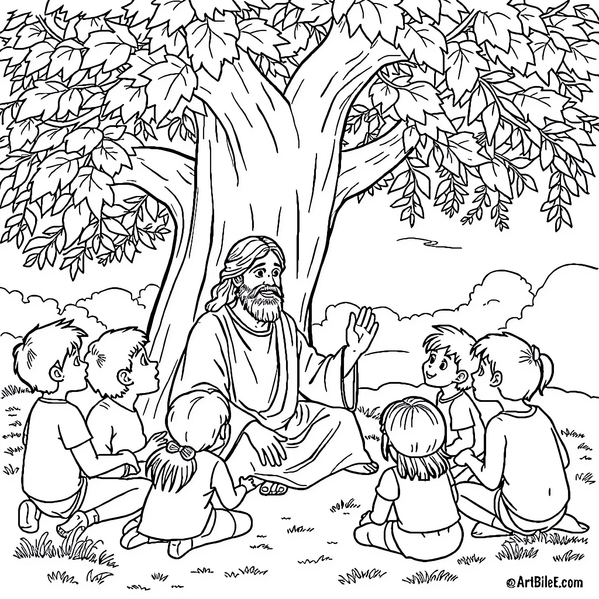 Jesus teaching and interacting with children in nature Coloring Page (free black-and-white line drawing printable PDF for all, from beginners to advanced learners, including children, teens, adults, and seniors)