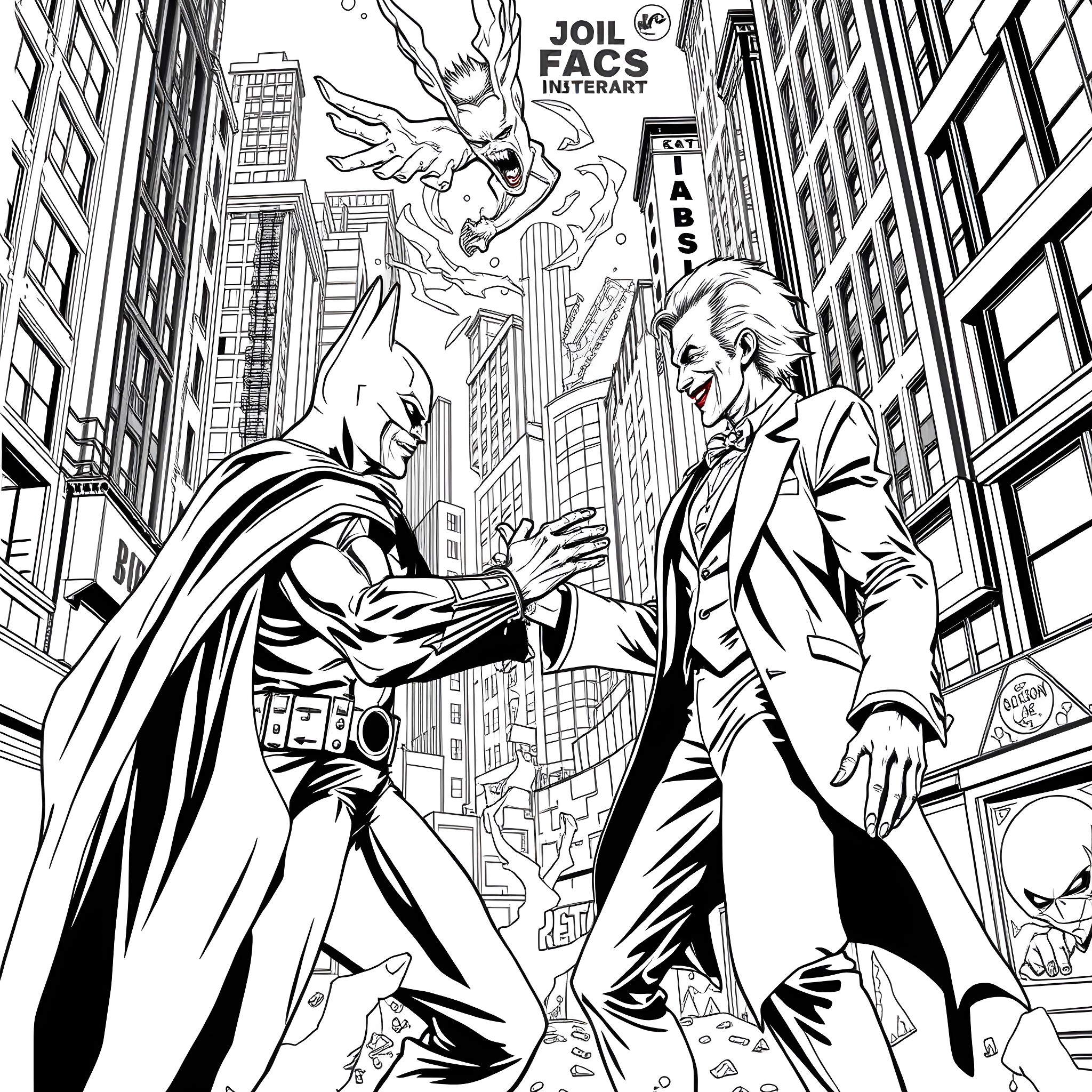 Batman confronting a villain in the city Coloring Page (free black-and-white line drawing printable PDF for all, from beginners to advanced learners, including children, teens, adults, and seniors)