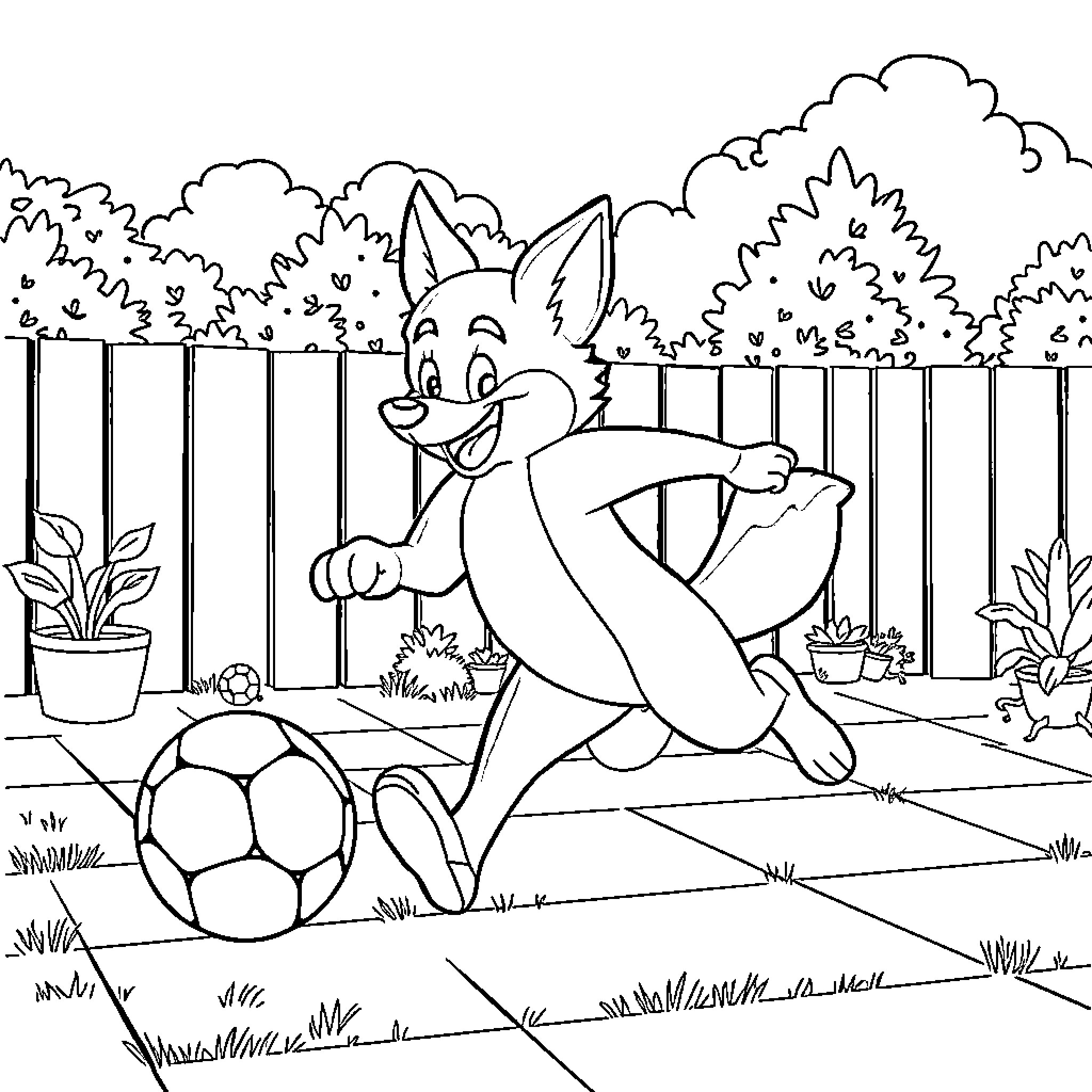 Bluey playing joyfully with a soccer ball in the backyard Coloring Page (free black-and-white line drawing printable PDF for all, from beginners to advanced learners, including children, teens, adults, and seniors)