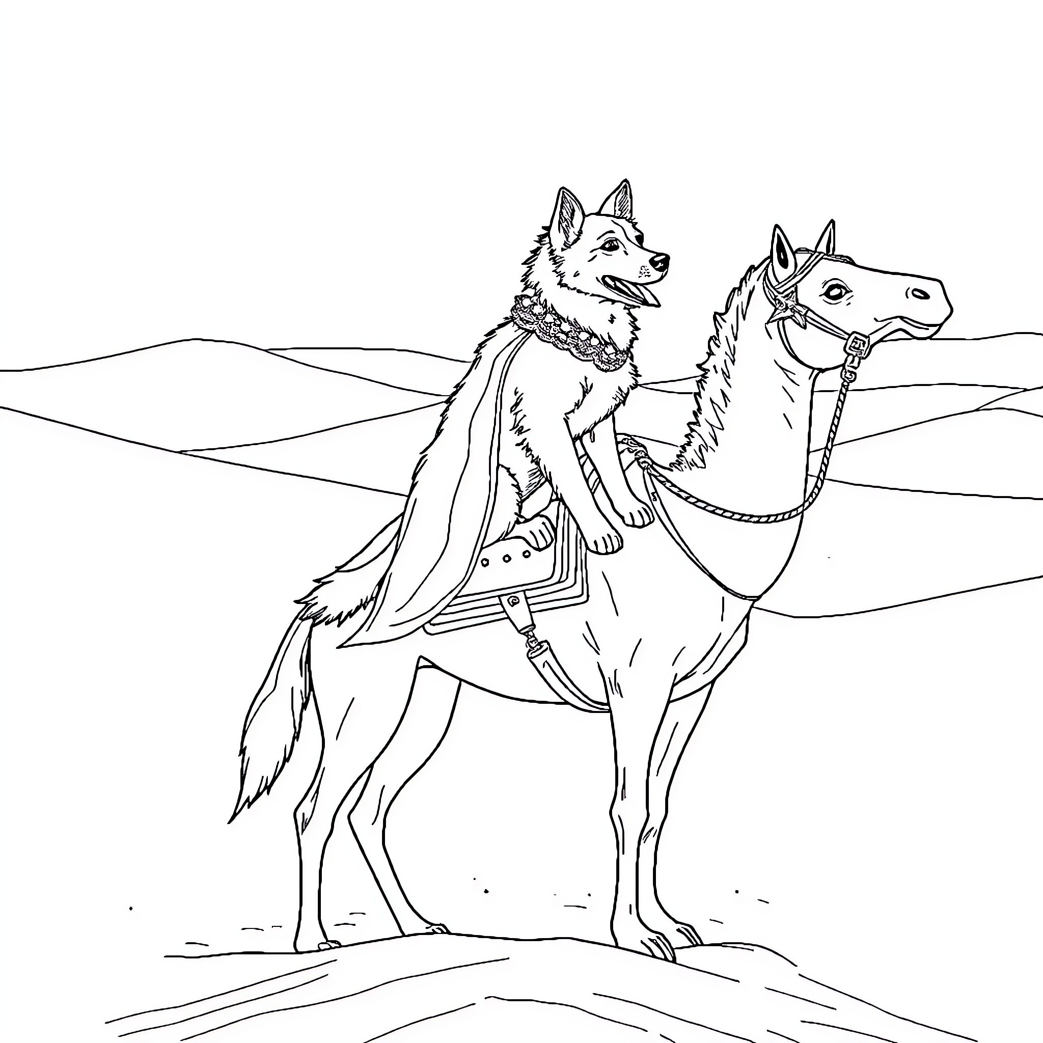 Chien riding a horse in the desert Coloring Page (free black-and-white line drawing printable PDF for all, from beginners to advanced learners, including children, teens, adults, and seniors)