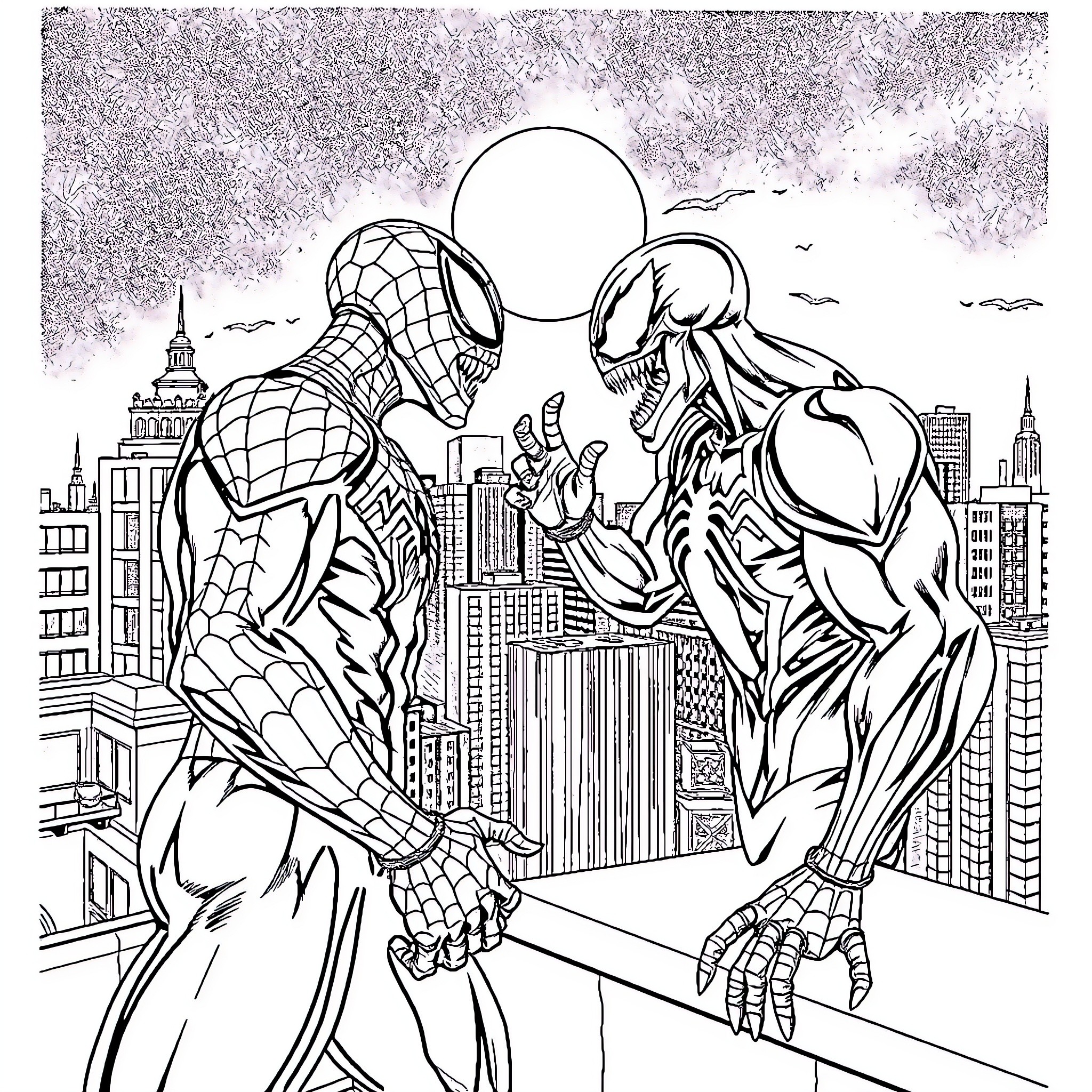 Spiderman confronting a sinister foe in the city Coloring Page (free black-and-white line drawing printable PDF for all, from beginners to advanced learners, including children, teens, adults, and seniors)