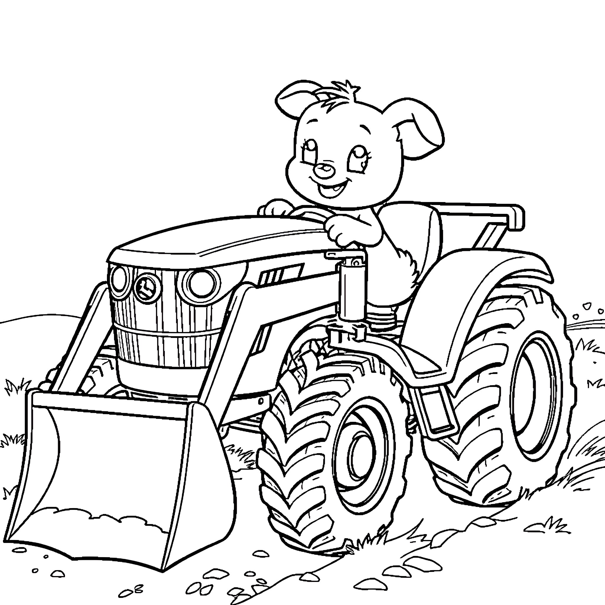 Bluey driving a tractor happily Coloring Page (free black-and-white line drawing printable PDF for all, from beginners to advanced learners, including children, teens, adults, and seniors)