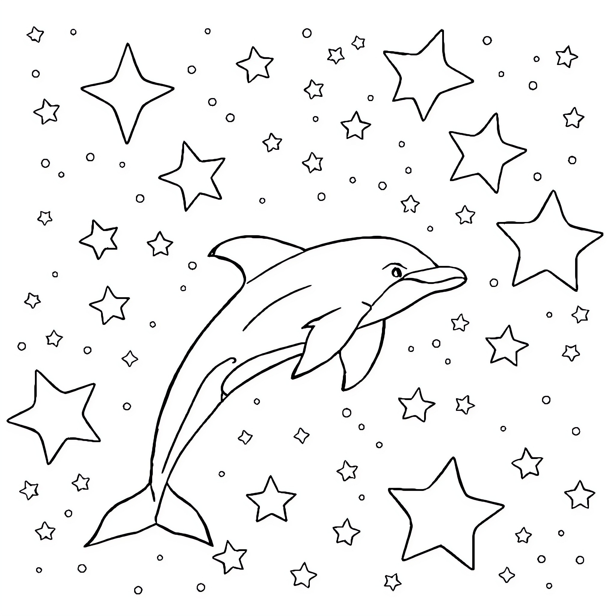 Dolphin swimming among the stars Coloring Page (free black-and-white line drawing printable PDF for all, from beginners to advanced learners, including children, teens, adults, and seniors)