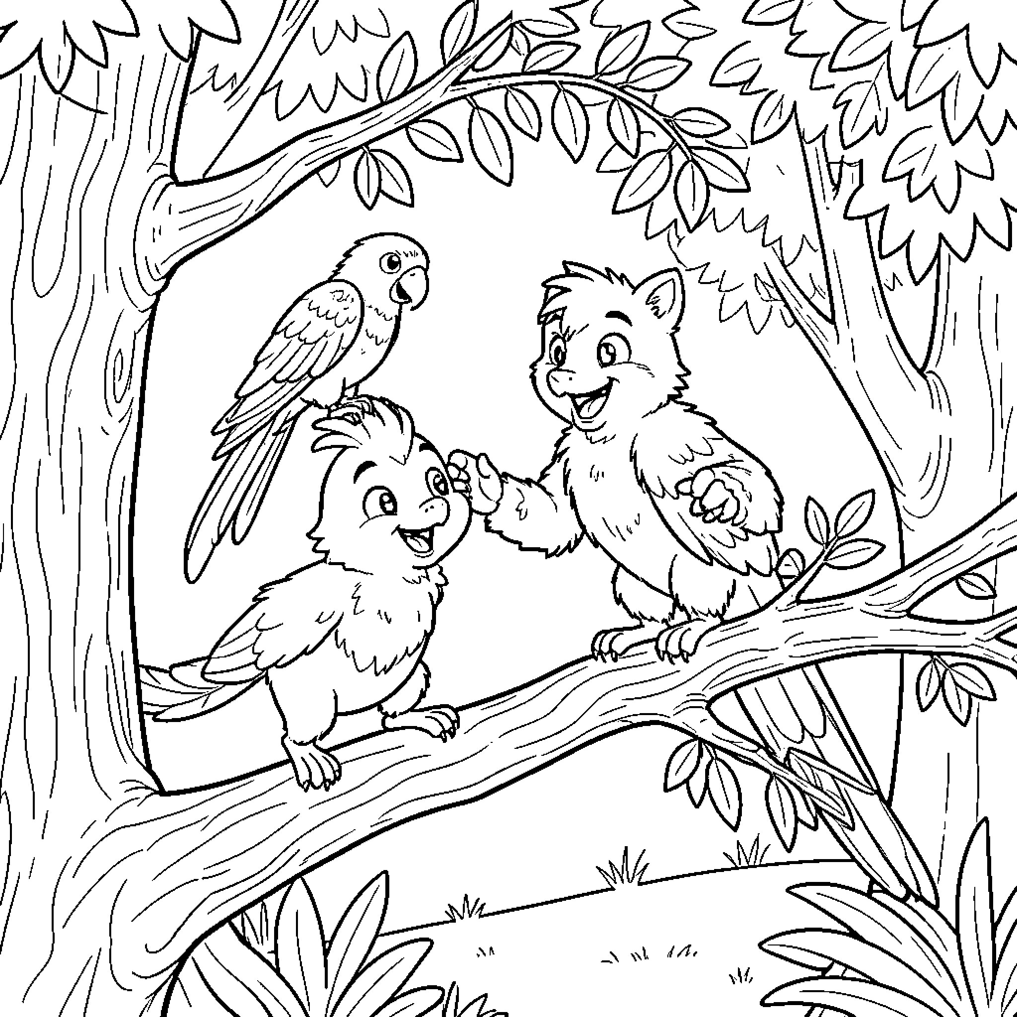 Huntrix cartoon animals playing together on a tree branch Coloring Page (free black-and-white line drawing printable PDF for all, from beginners to advanced learners, including children, teens, adults, and seniors)