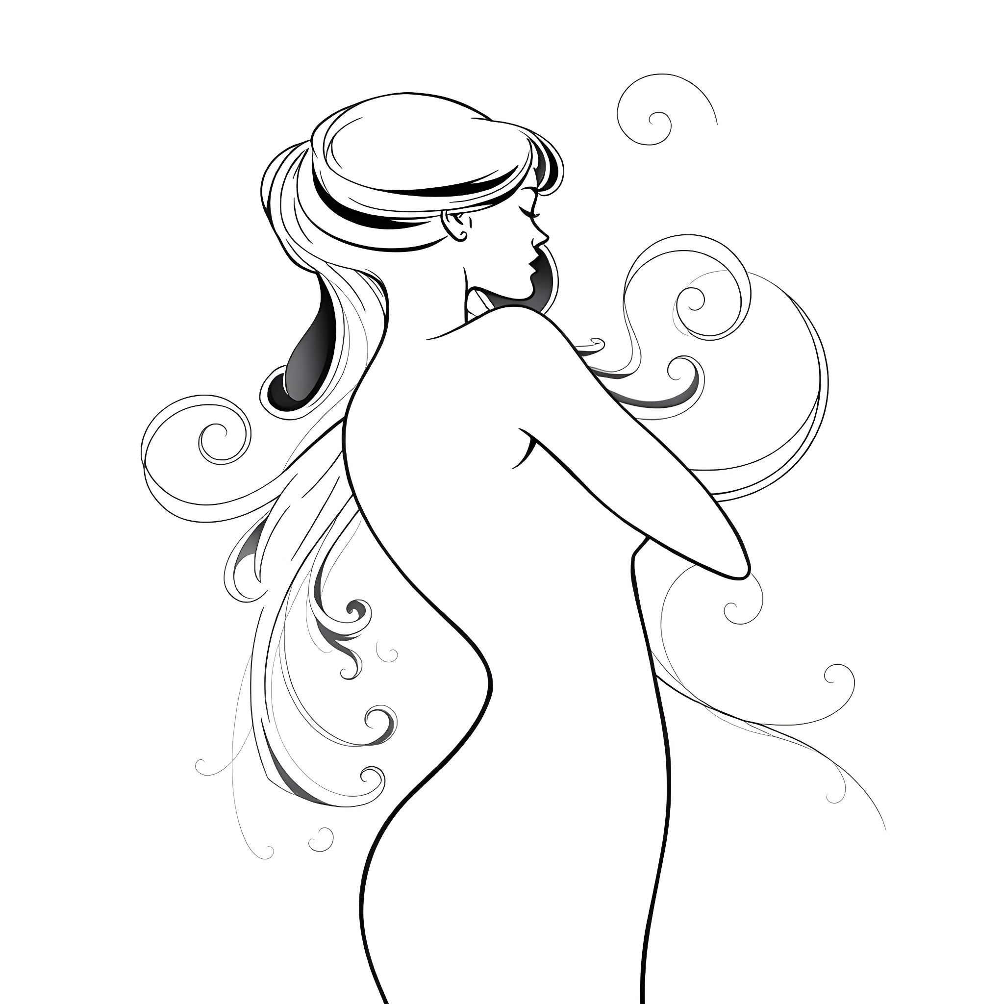 Breast silhouette woman with flowing hair Coloring Page (free black-and-white line drawing printable PDF for all, from beginners to advanced learners, including children, teens, adults, and seniors)