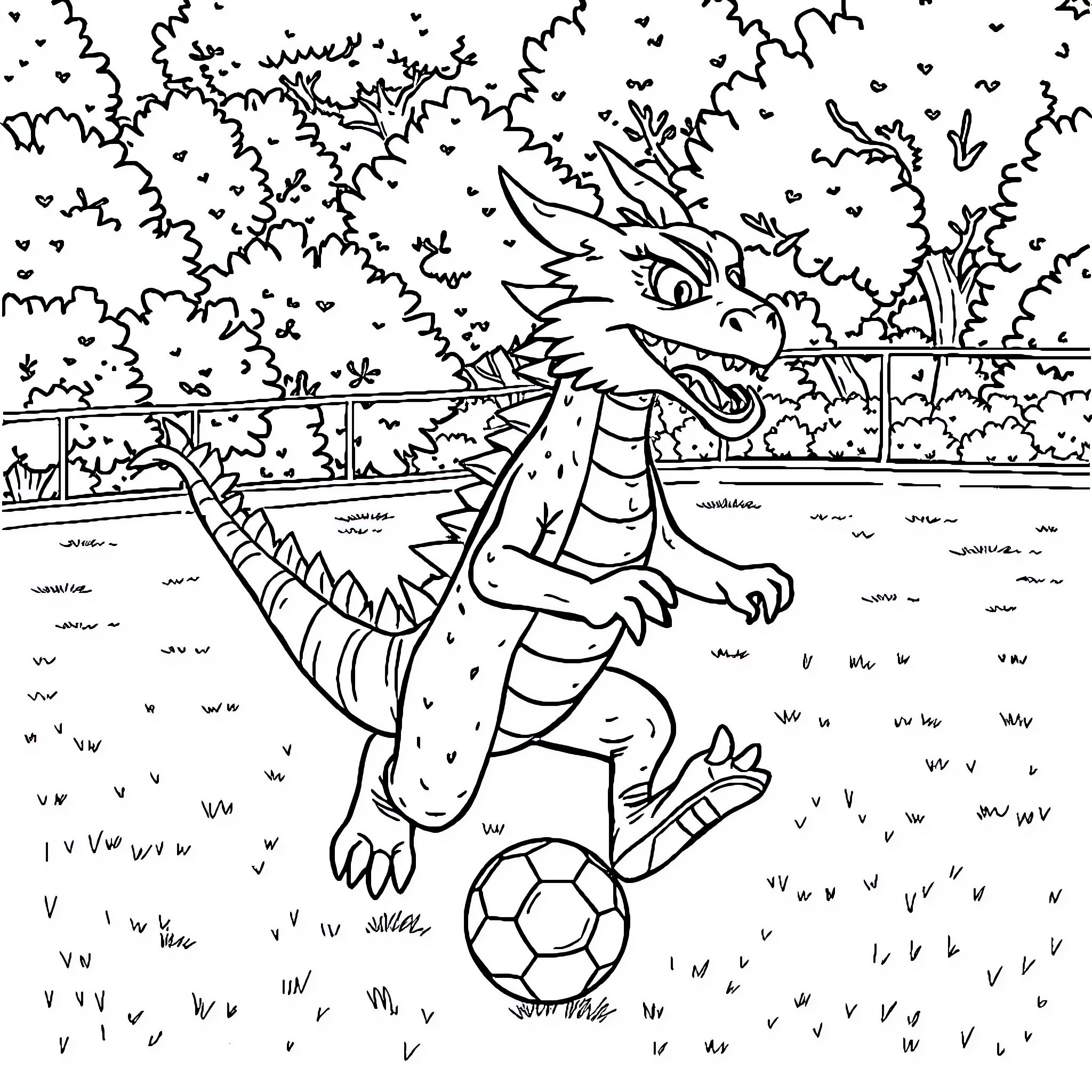 Dragon playing with a soccer ball on the field Coloring Page (free black-and-white line drawing printable PDF for all, from beginners to advanced learners, including children, teens, adults, and seniors)