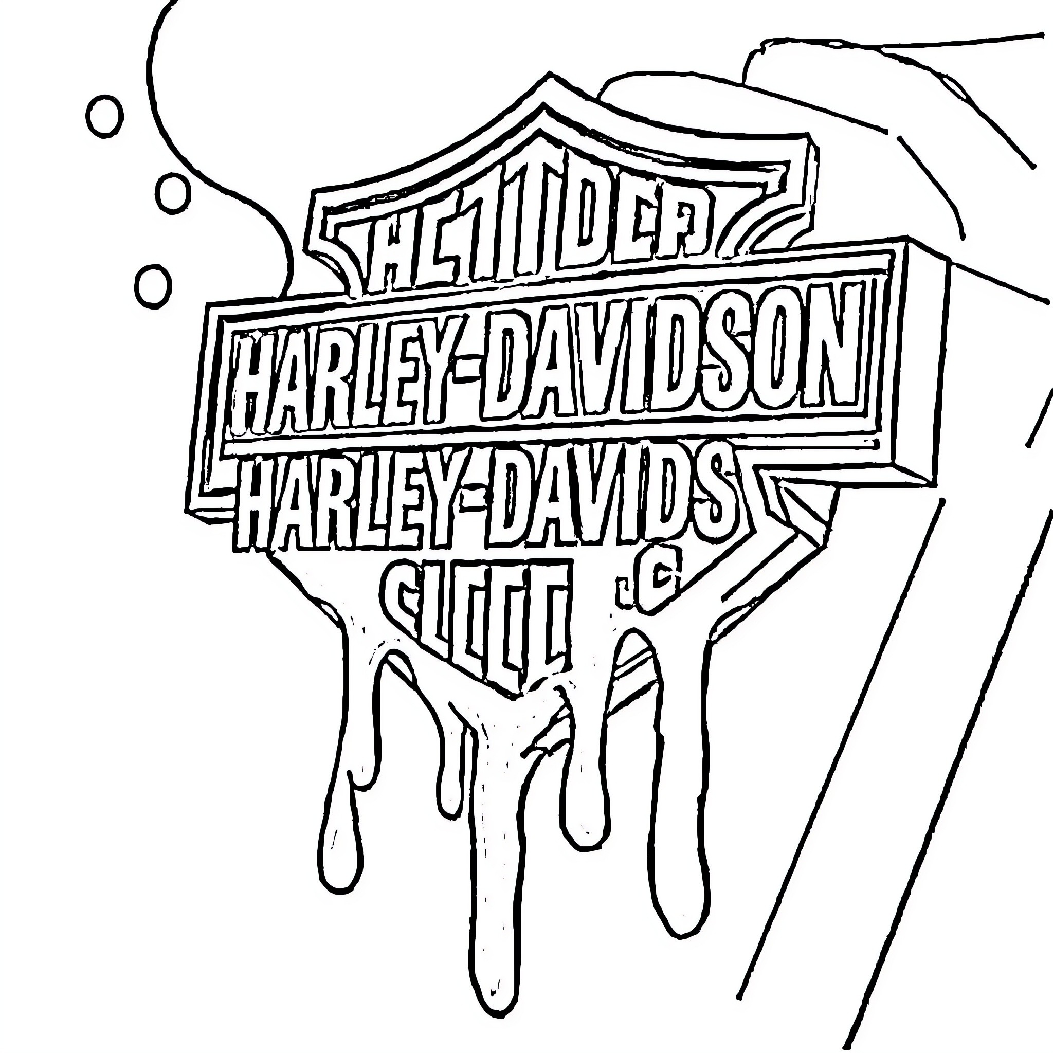 Harley Davidson logo with melting effect Coloring Page (free black-and-white line drawing printable PDF for all, from beginners to advanced learners, including children, teens, adults, and seniors)
