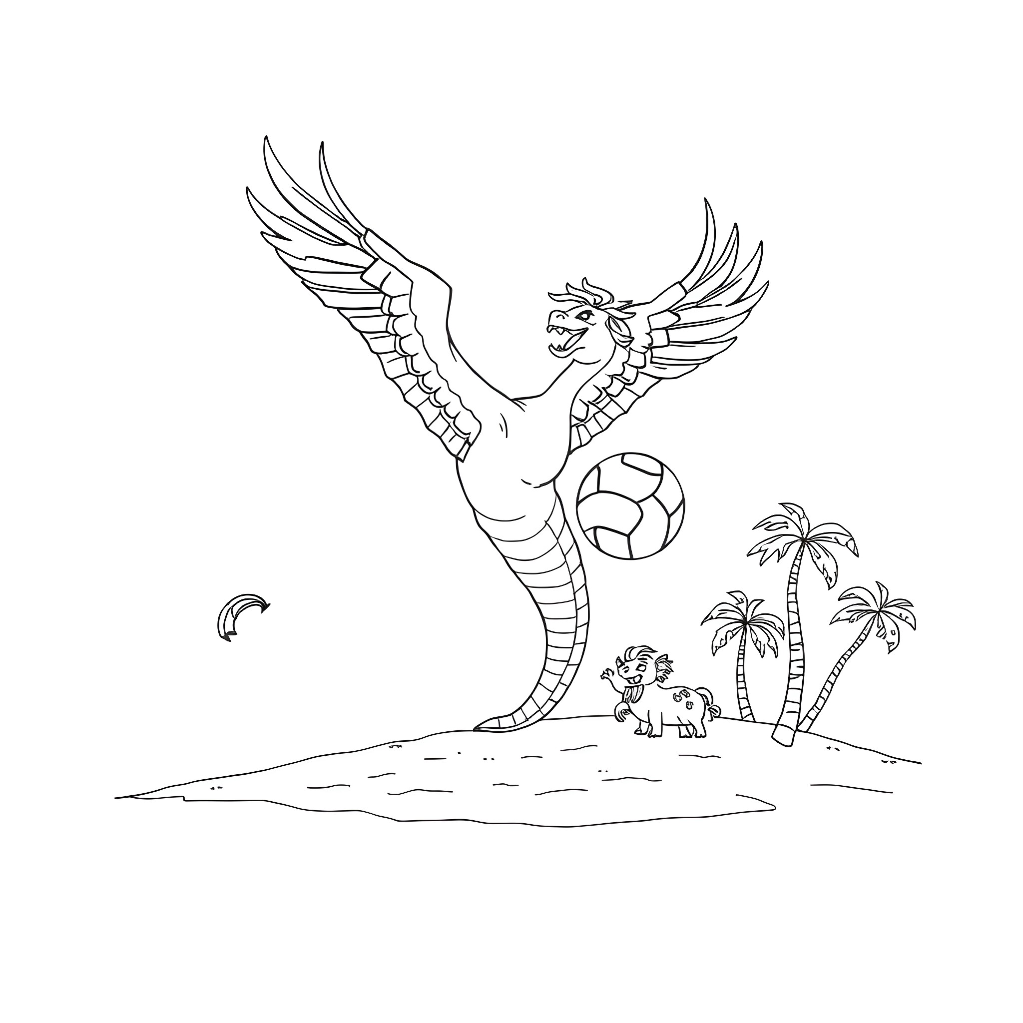Quetzalcoatl's Mythical Soccer Game Coloring Page (free black-and-white line drawing printable PDF for all, from beginners to advanced learners, including children, teens, adults, and seniors)