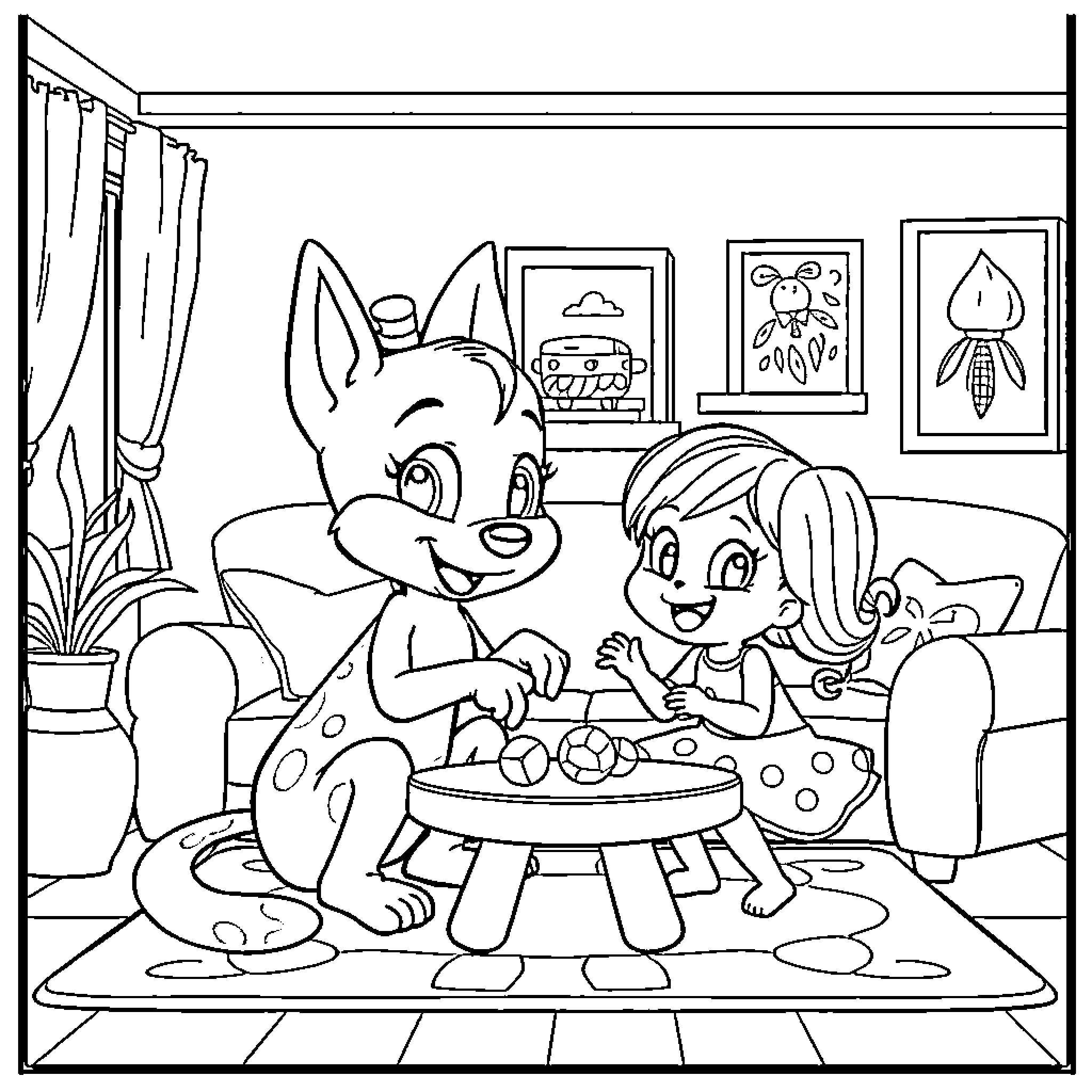 Bluey and Bingo playing together at home Coloring Page (free black-and-white line drawing printable PDF for all, from beginners to advanced learners, including children, teens, adults, and seniors)
