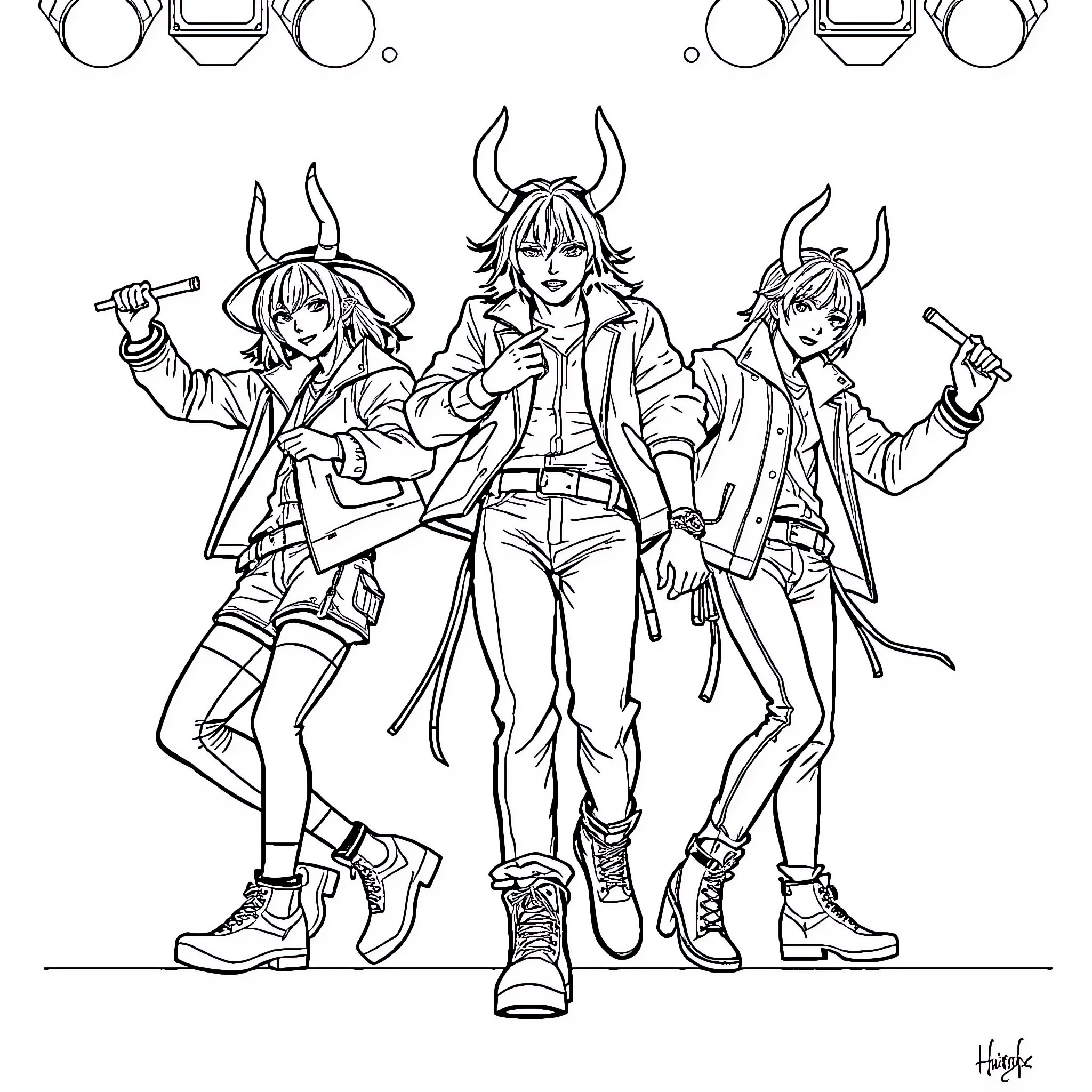 Huntrx: Trio of Daring Anime Adventurers Coloring Page (free black-and-white line drawing printable PDF for all, from beginners to advanced learners, including children, teens, adults, and seniors)