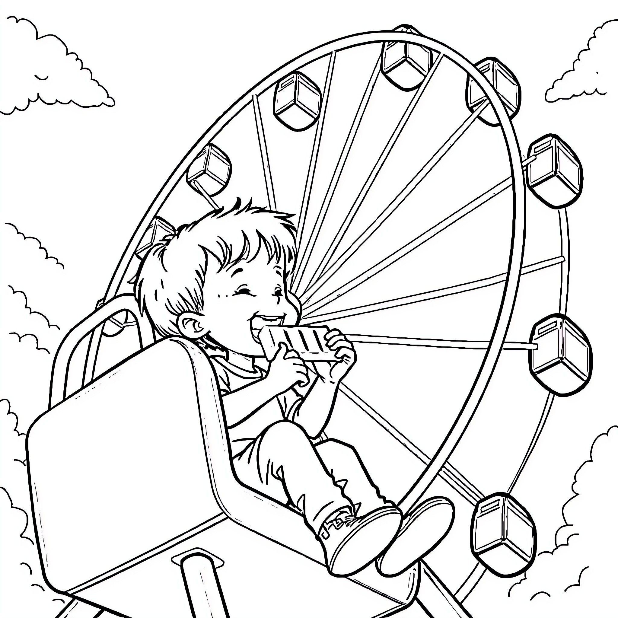 Child enjoying a ride on the Ferris wheel Coloring Page (free black-and-white line drawing printable PDF for all, from beginners to advanced learners, including children, teens, adults, and seniors)