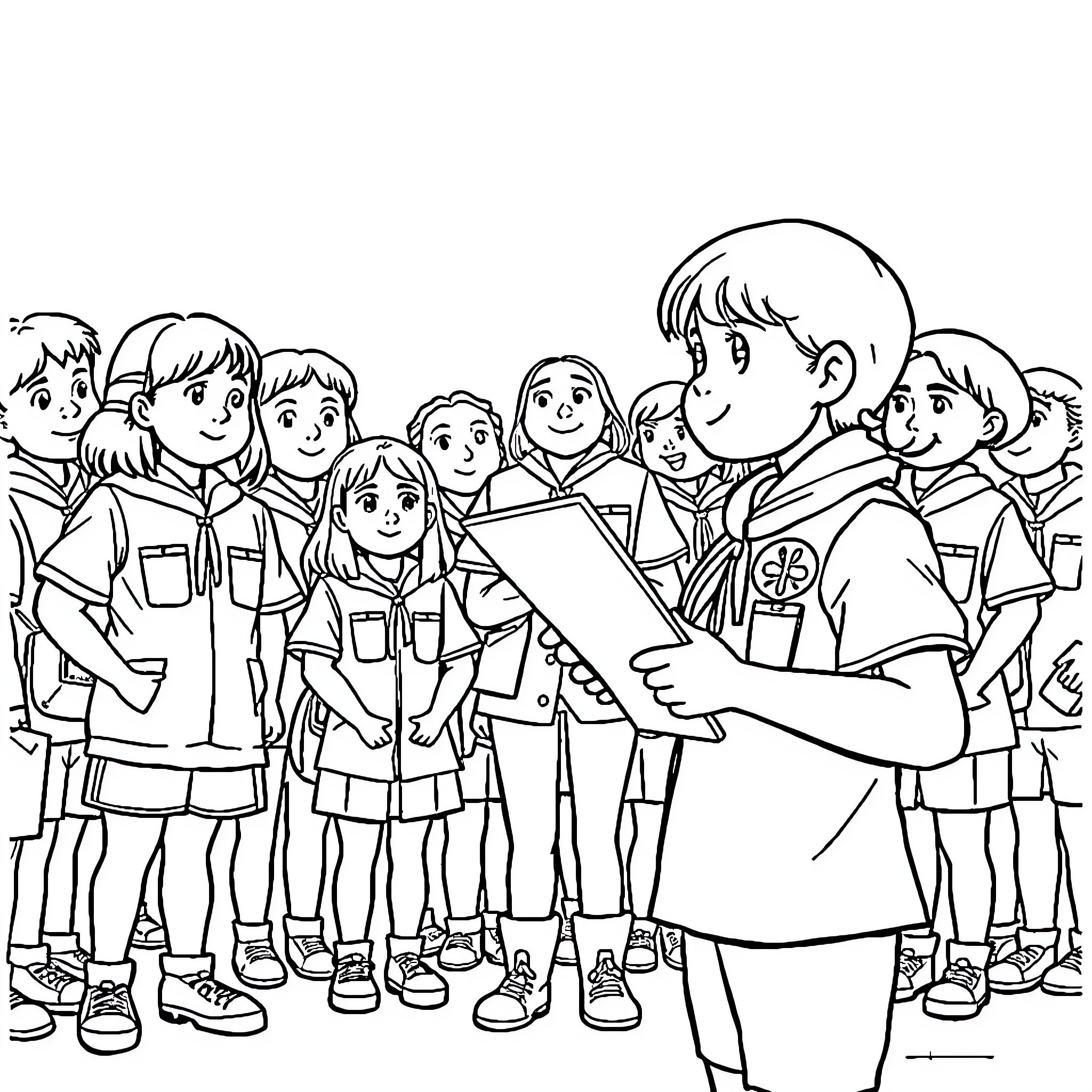 Girl Scout Troop Meeting with Leader Coloring Page (free black-and-white line drawing printable PDF for all, from beginners to advanced learners, including children, teens, adults, and seniors)