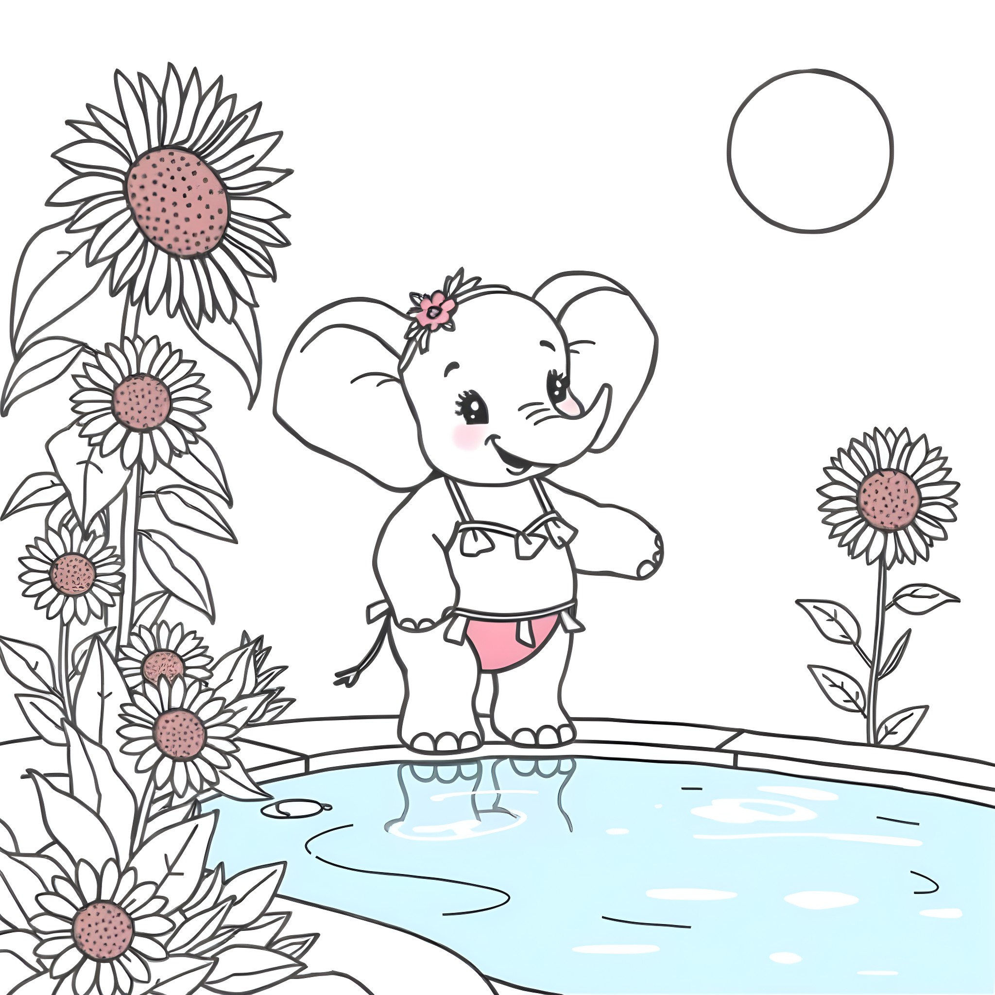 Elephant playing happily by the pond Coloring Page (free black-and-white line drawing printable PDF for all, from beginners to advanced learners, including children, teens, adults, and seniors)