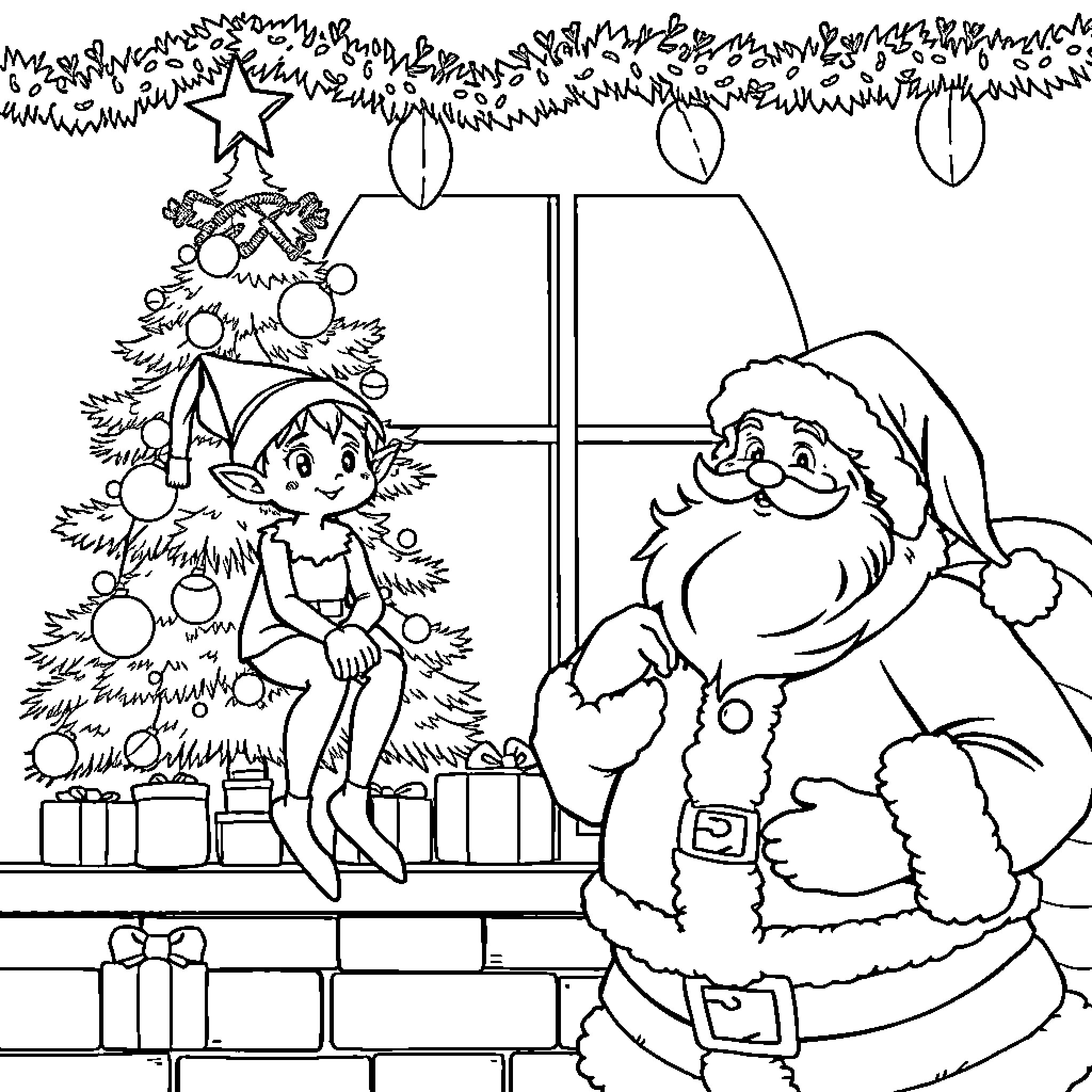 Elf decorating Christmas tree with Santa Claus Coloring Page (free black-and-white line drawing printable PDF for all, from beginners to advanced learners, including children, teens, adults, and seniors)