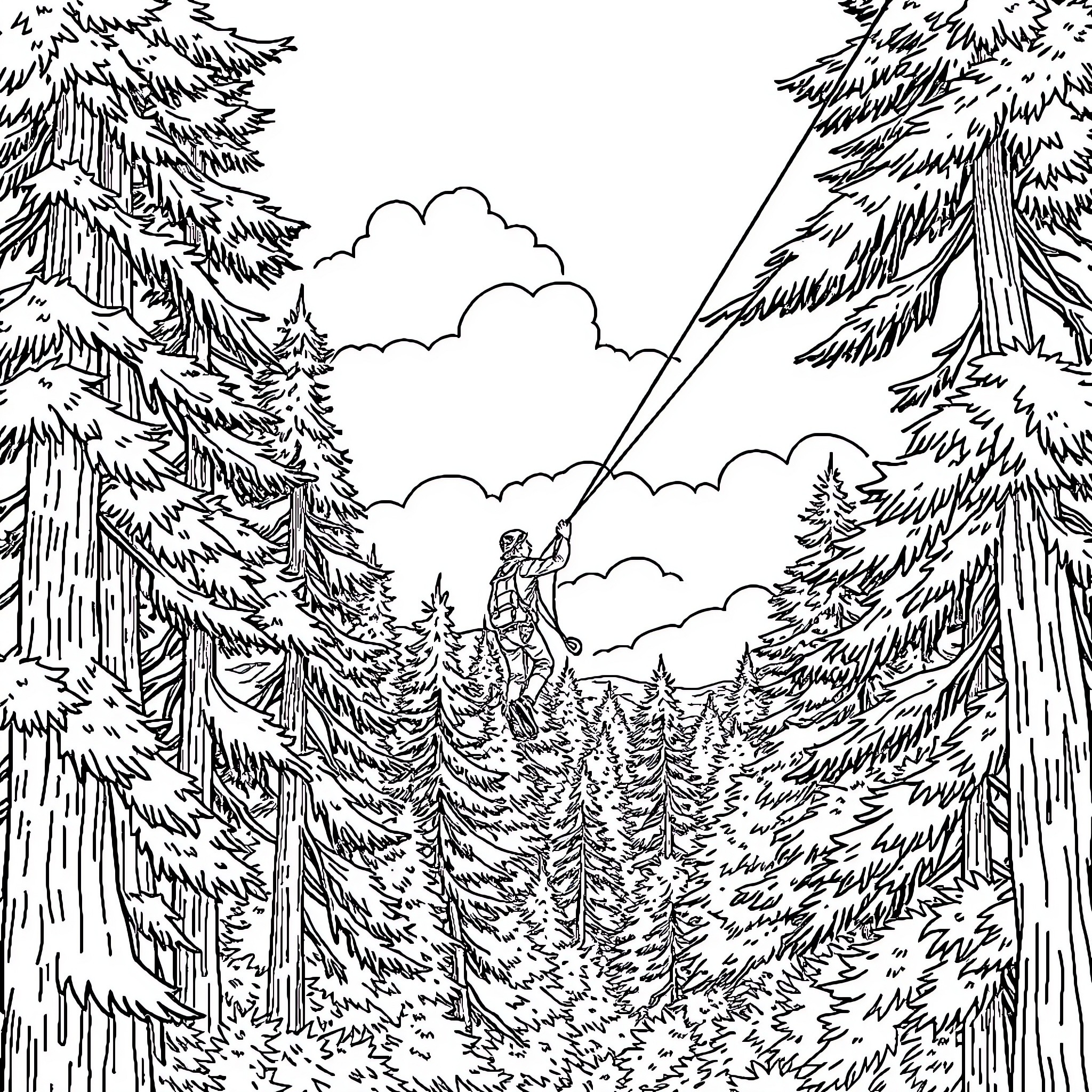 Zipline adventure through dense forest canopy Coloring Page (free black-and-white line drawing printable PDF for all, from beginners to advanced learners, including children, teens, adults, and seniors)