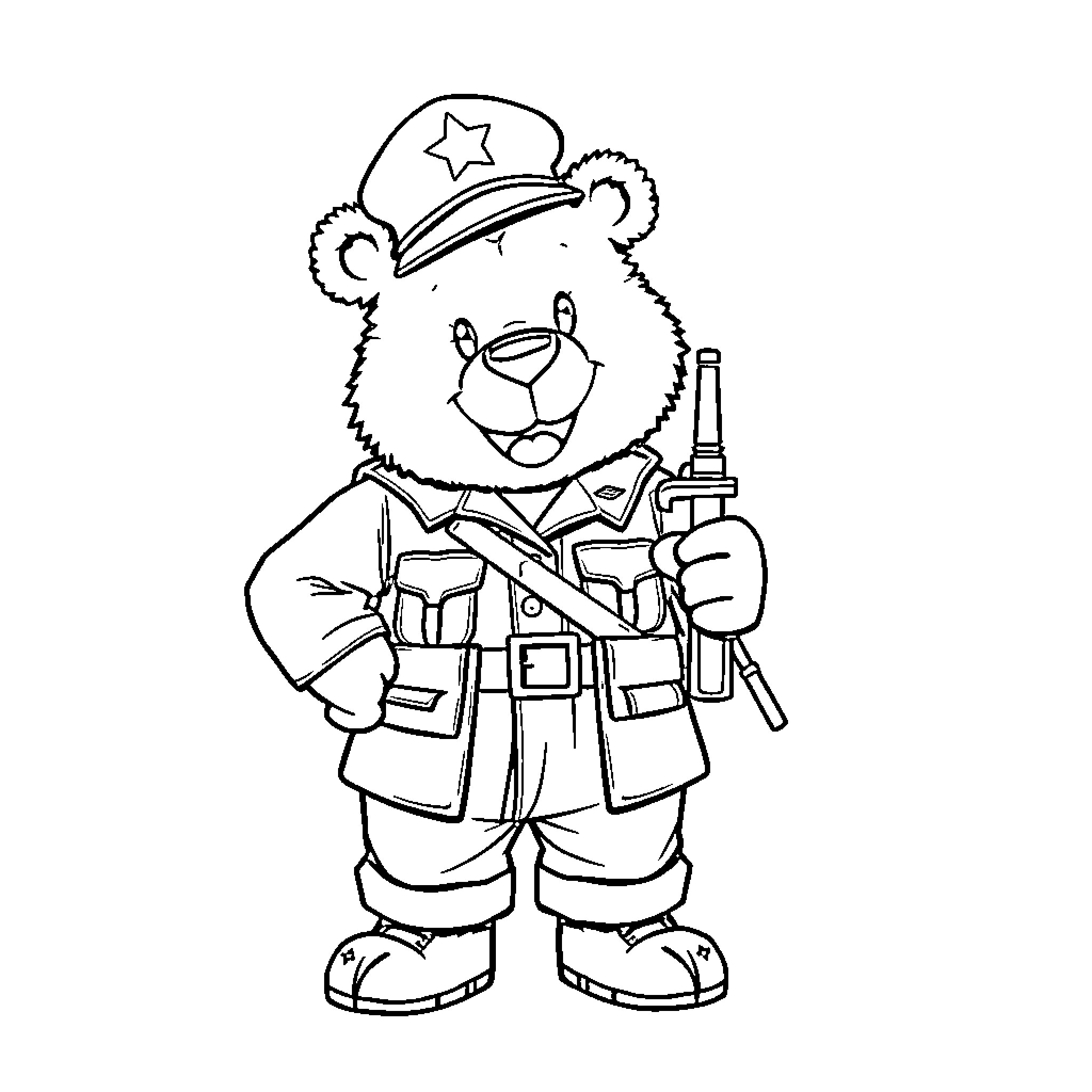 Fozzy Bear dressed as police officer with hat and badge Coloring Page (free black-and-white line drawing printable PDF for all, from beginners to advanced learners, including children, teens, adults, and seniors)
