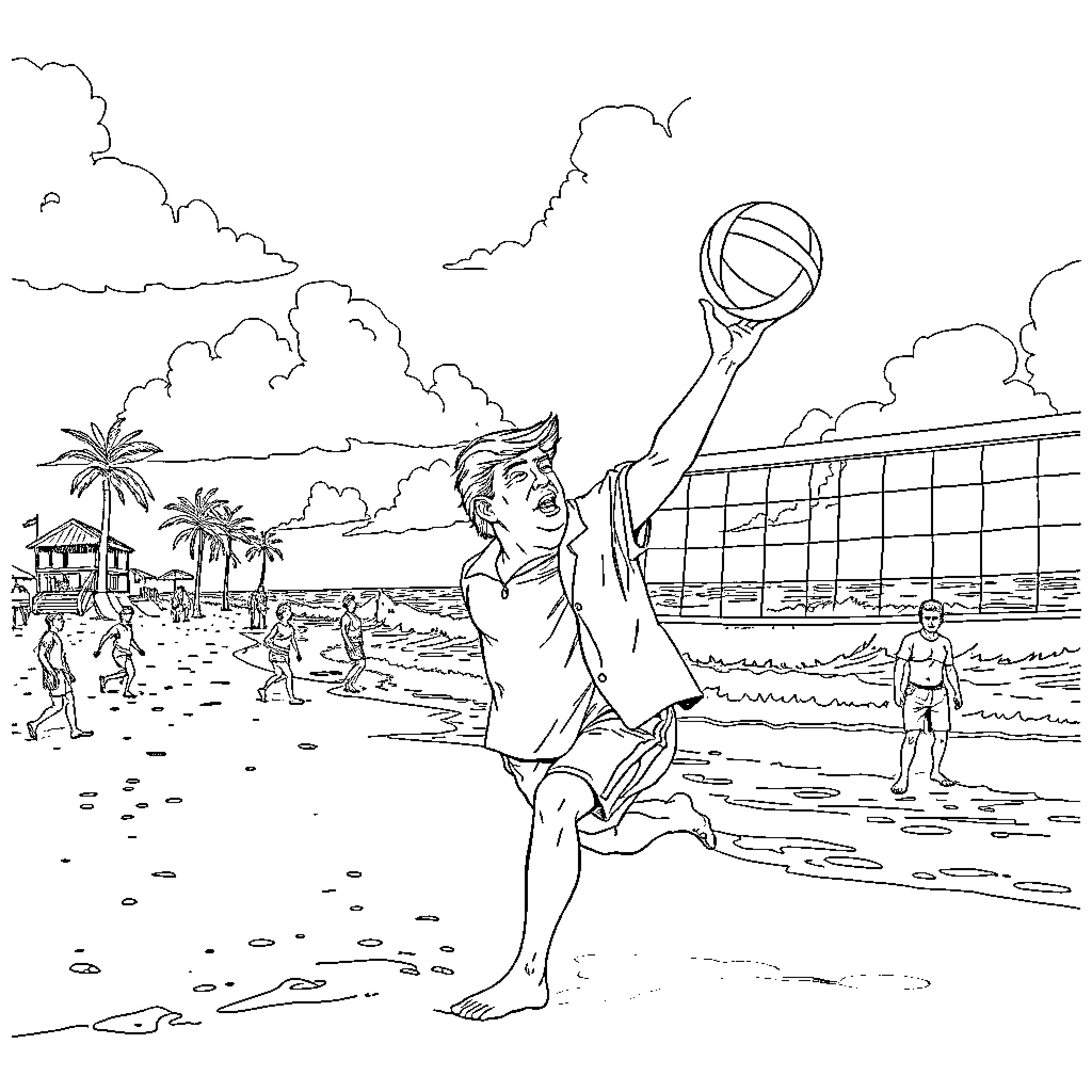 Donald Trump playing beach volleyball with friends Coloring Page (free black-and-white line drawing printable PDF for all, from beginners to advanced learners, including children, teens, adults, and seniors)
