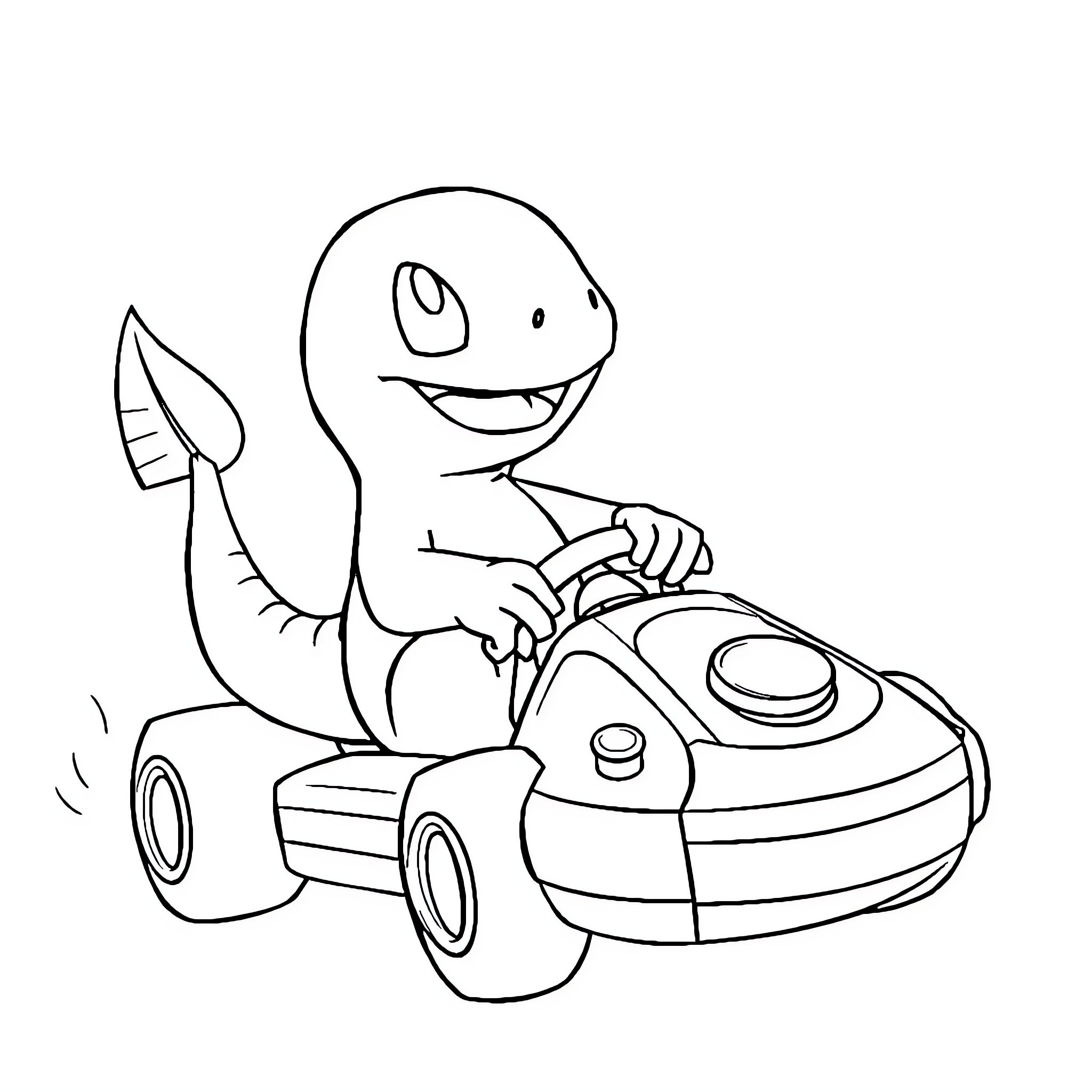 Charmander driving a toy car happily Coloring Page (free black-and-white line drawing printable PDF for all, from beginners to advanced learners, including children, teens, adults, and seniors)