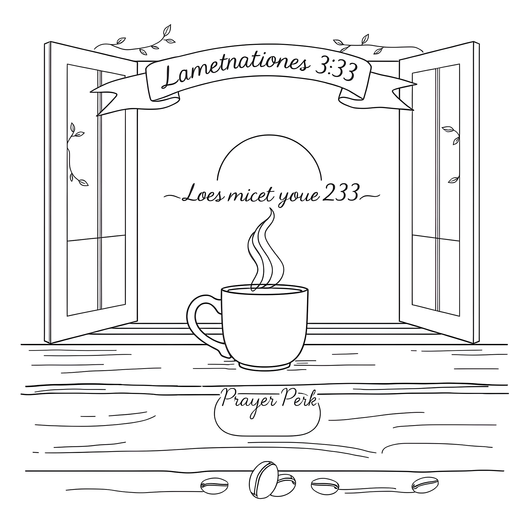 Sun shines on peaceful prayer corner Coloring Page (free black-and-white line drawing printable PDF for all, from beginners to advanced learners, including children, teens, adults, and seniors)