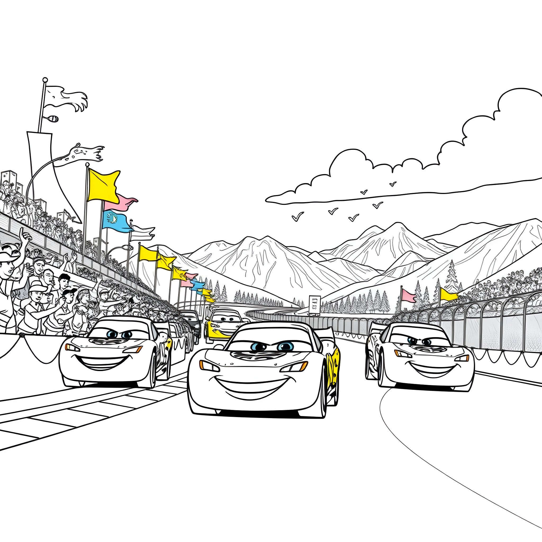Car Race on Winding Mountain Road Coloring Page (free black-and-white line drawing printable PDF for all, from beginners to advanced learners, including children, teens, adults, and seniors)