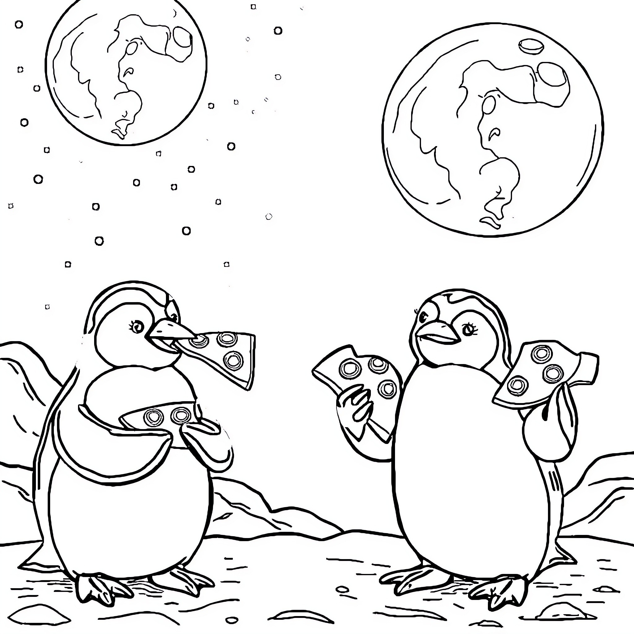 Penguins exploring the world with binoculars Coloring Page (free black-and-white line drawing printable PDF for all, from beginners to advanced learners, including children, teens, adults, and seniors)
