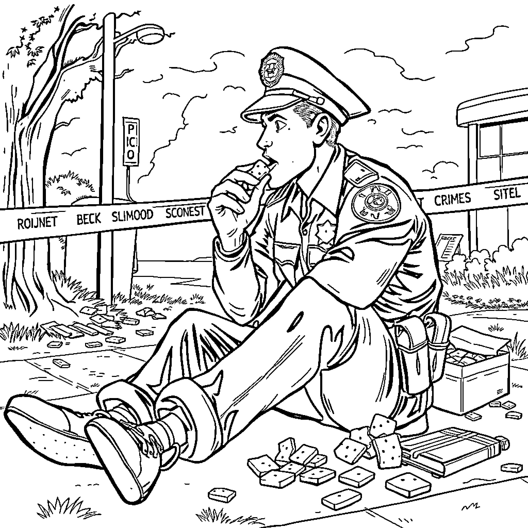 Cop investigates scene with discarded items Coloring Page (free black-and-white line drawing printable PDF for all, from beginners to advanced learners, including children, teens, adults, and seniors)