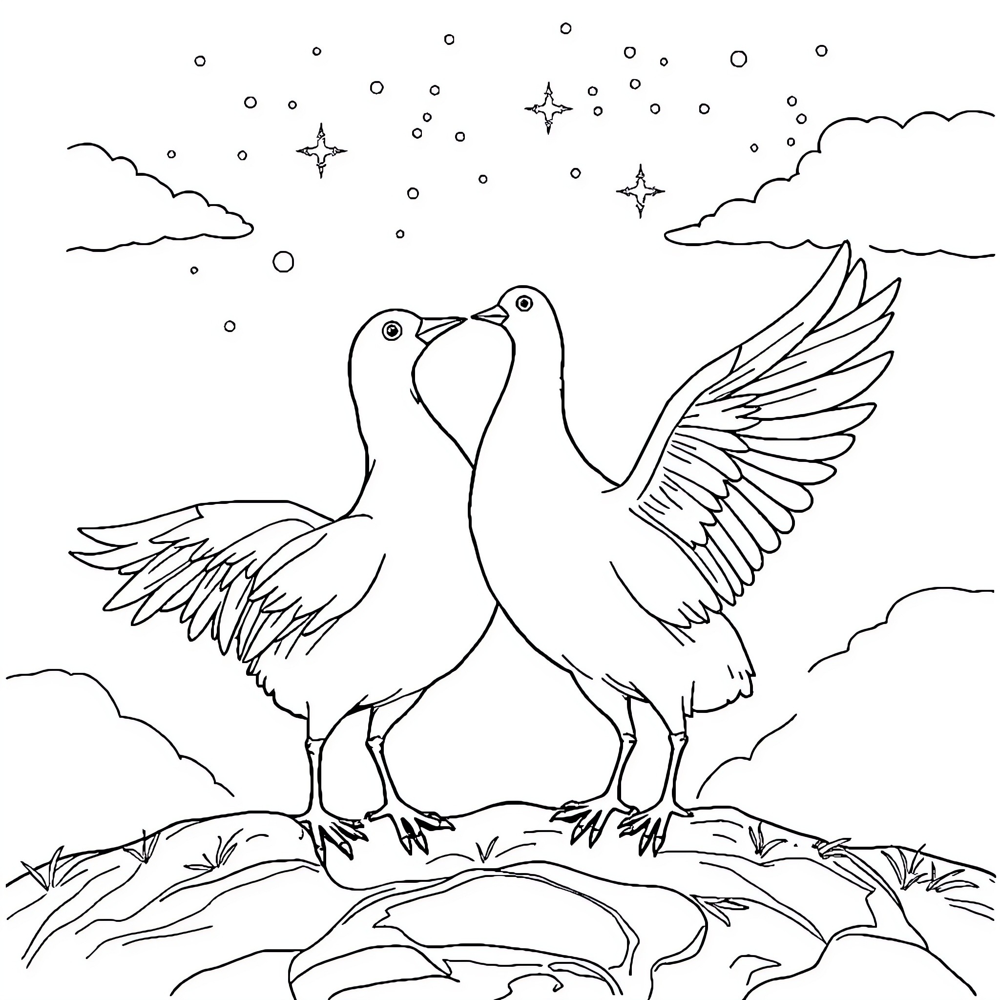 Poule Birds Dancing under the Stars Coloring Page (free black-and-white line drawing printable PDF for all, from beginners to advanced learners, including children, teens, adults, and seniors)