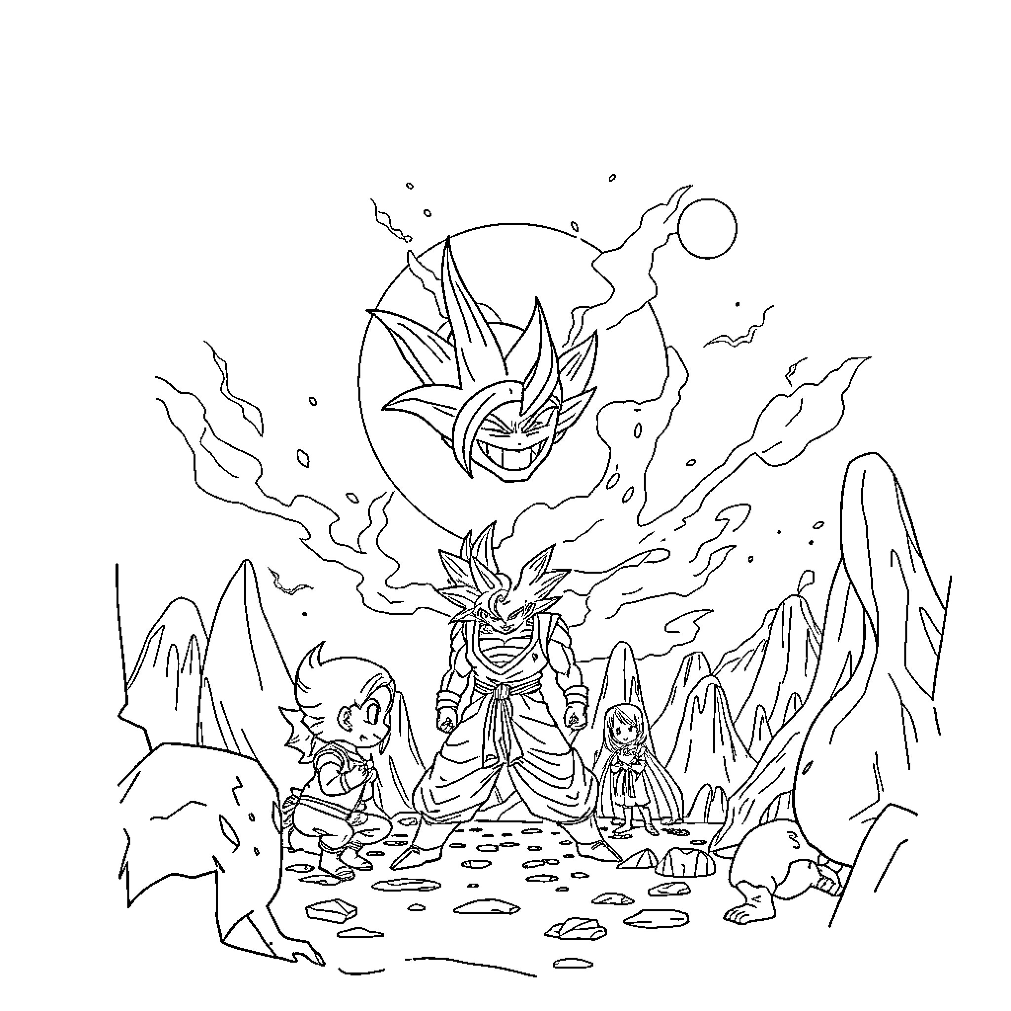 Dragon Ball Characters in Dramatic Scene Coloring Page (free black-and-white line drawing printable PDF for all, from beginners to advanced learners, including children, teens, adults, and seniors)