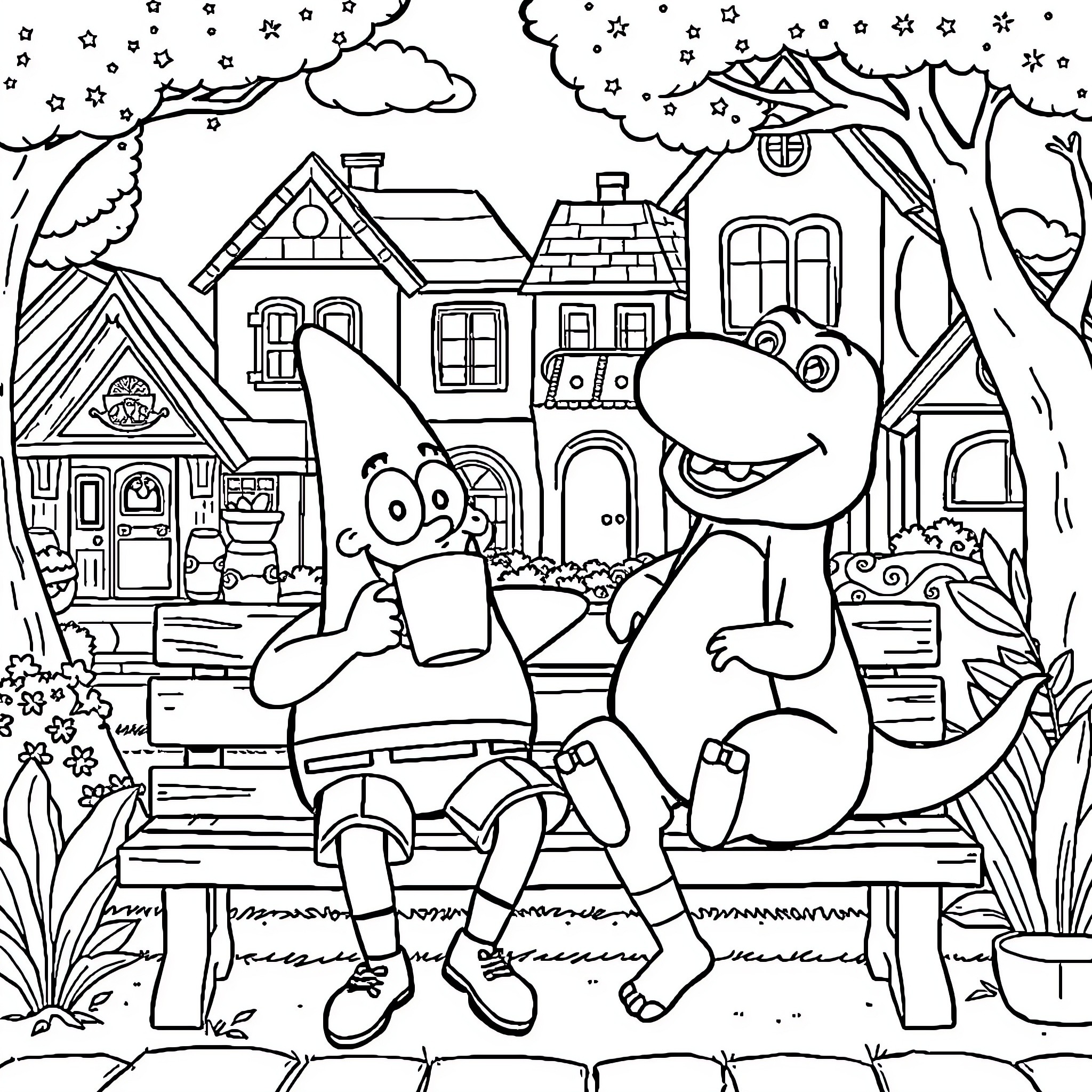 Patrick Star relaxing in a colorful neighborhood Coloring Page (free black-and-white line drawing printable PDF for all, from beginners to advanced learners, including children, teens, adults, and seniors)