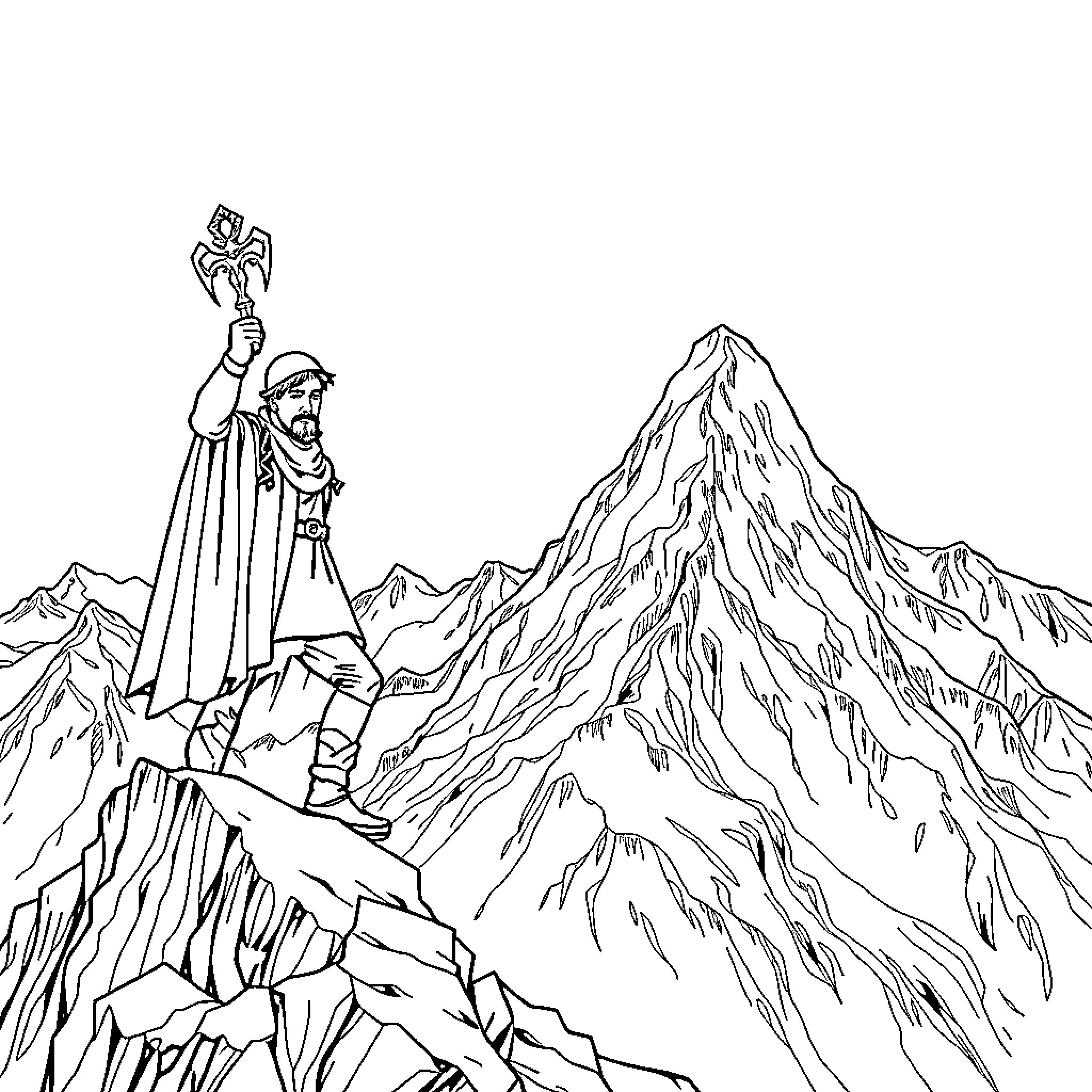 Captain America Conquering Icy Mountain Peaks Coloring Page (free black-and-white line drawing printable PDF for all, from beginners to advanced learners, including children, teens, adults, and seniors)