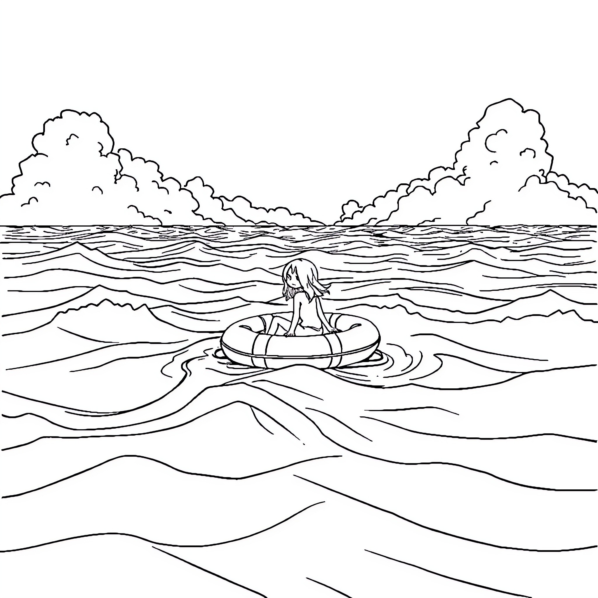 Girl floating peacefully on the sea Coloring Page (free black-and-white line drawing printable PDF for all, from beginners to advanced learners, including children, teens, adults, and seniors)