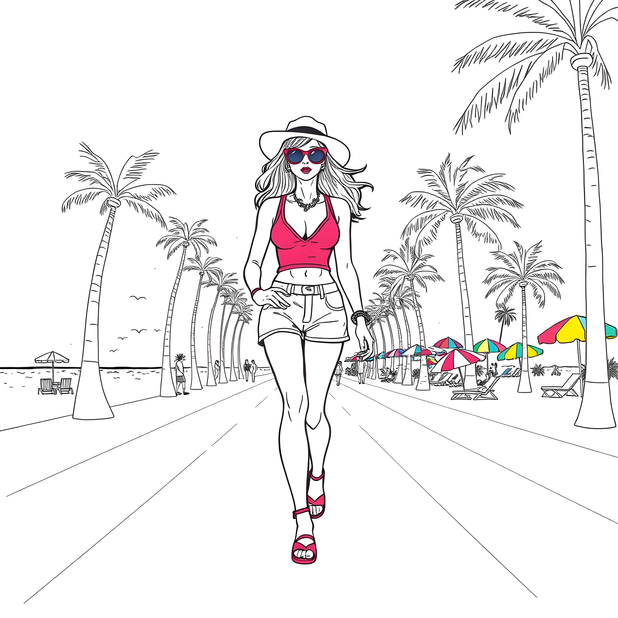 Female Character Strolling on a Sunny Beach Coloring Page (free black-and-white line drawing printable PDF for all, from beginners to advanced learners, including children, teens, adults, and seniors)