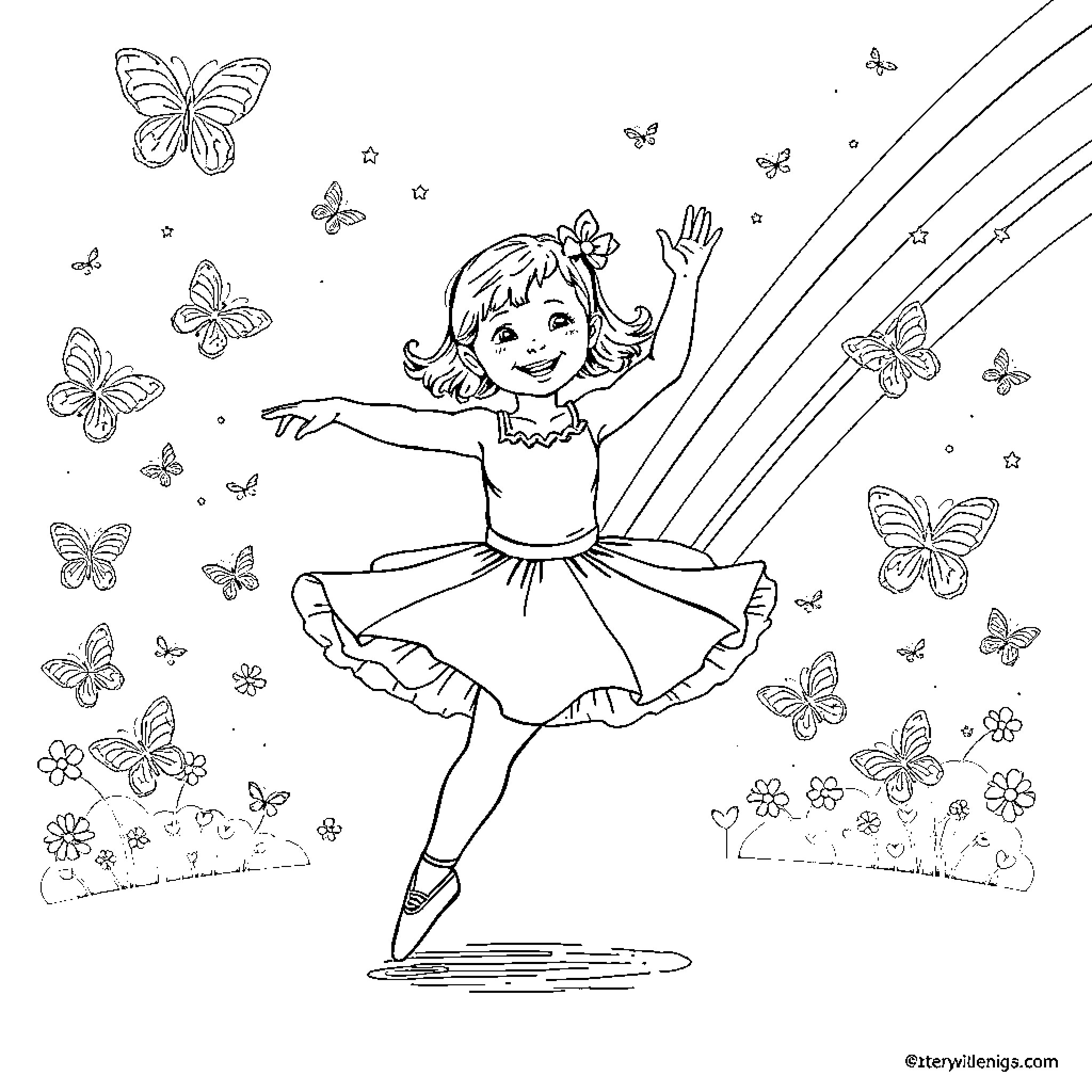 Girl dancing joyfully amidst butterflies Coloring Page (free black-and-white line drawing printable PDF for all, from beginners to advanced learners, including children, teens, adults, and seniors)