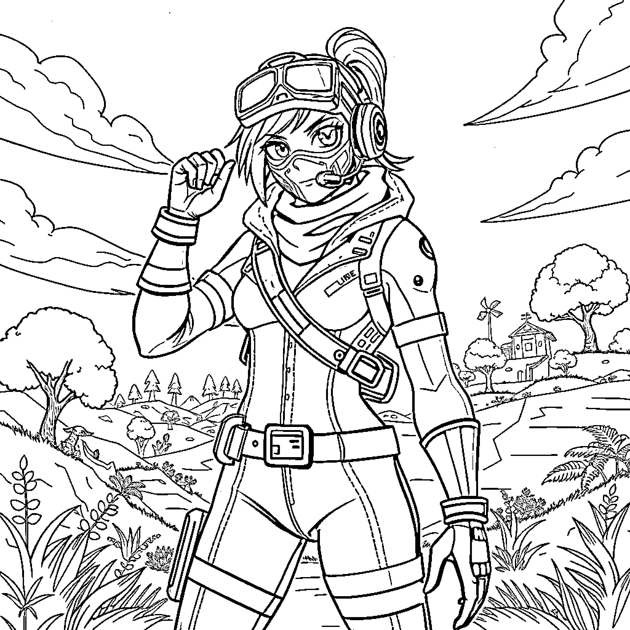 Evie's Adventurous Exploration in the Wilderness Coloring Page (free black-and-white line drawing printable PDF for all, from beginners to advanced learners, including children, teens, adults, and seniors)