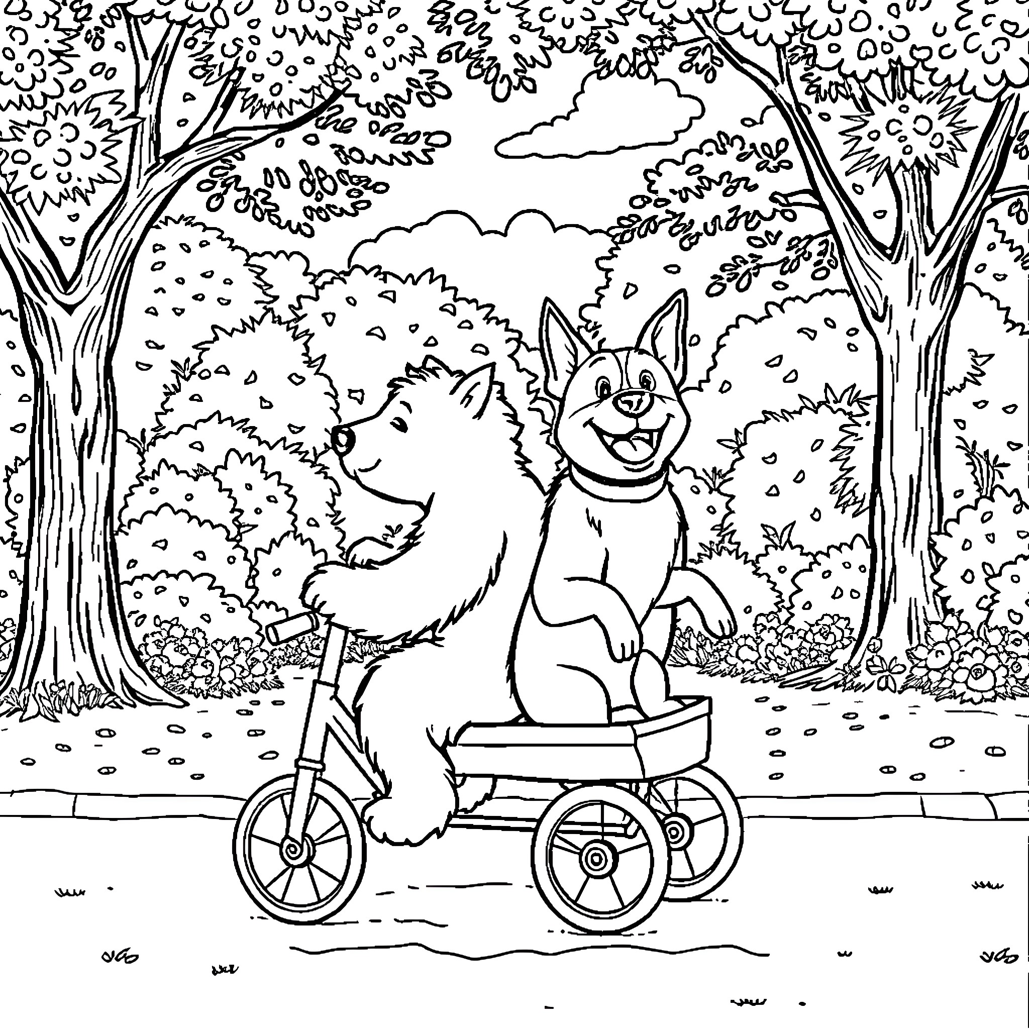 Sheep riding on a vehicle in a forest scene Coloring Page (free black-and-white line drawing printable PDF for all, from beginners to advanced learners, including children, teens, adults, and seniors)