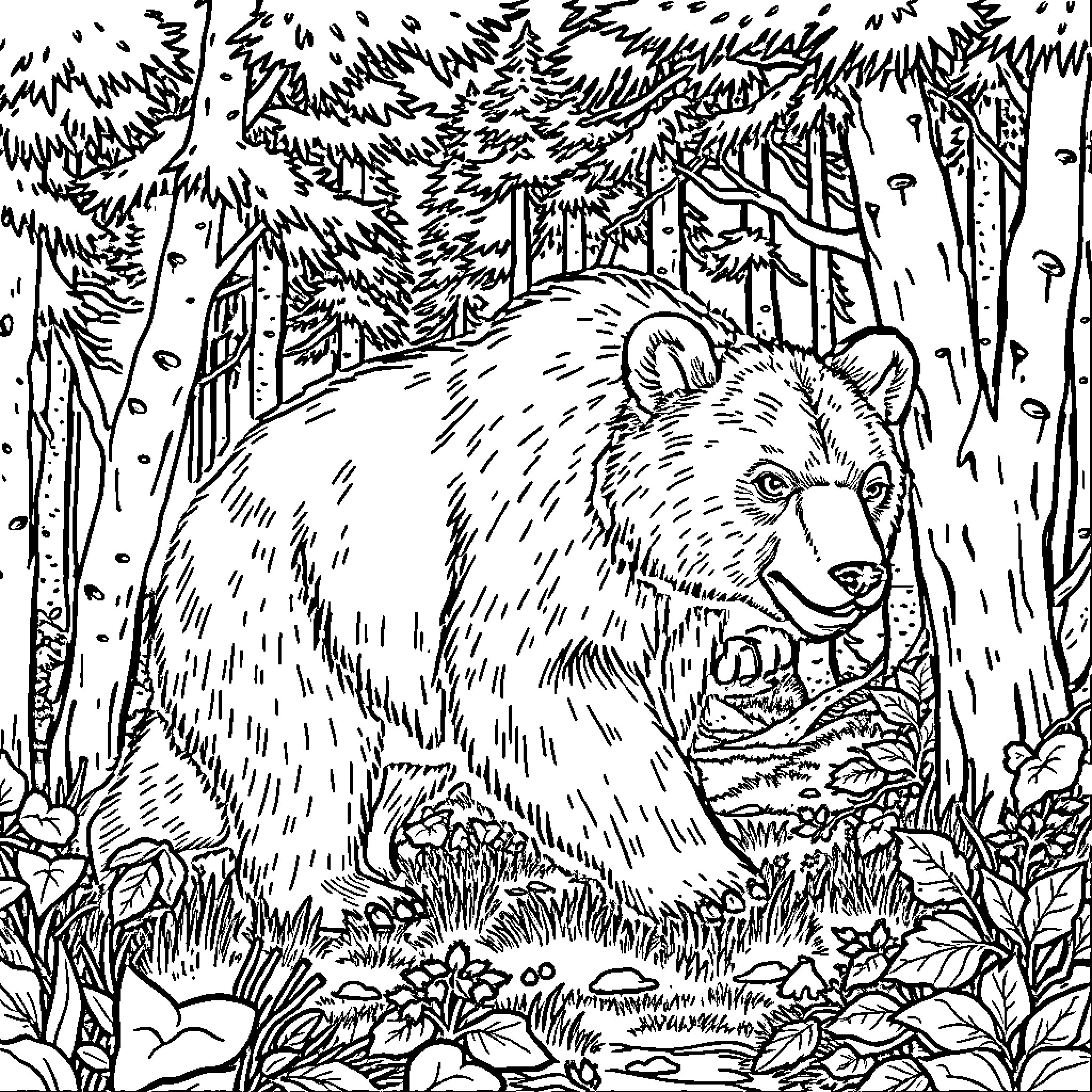 Bear exploring the wintry forest landscape Coloring Page (free black-and-white line drawing printable PDF for all, from beginners to advanced learners, including children, teens, adults, and seniors)