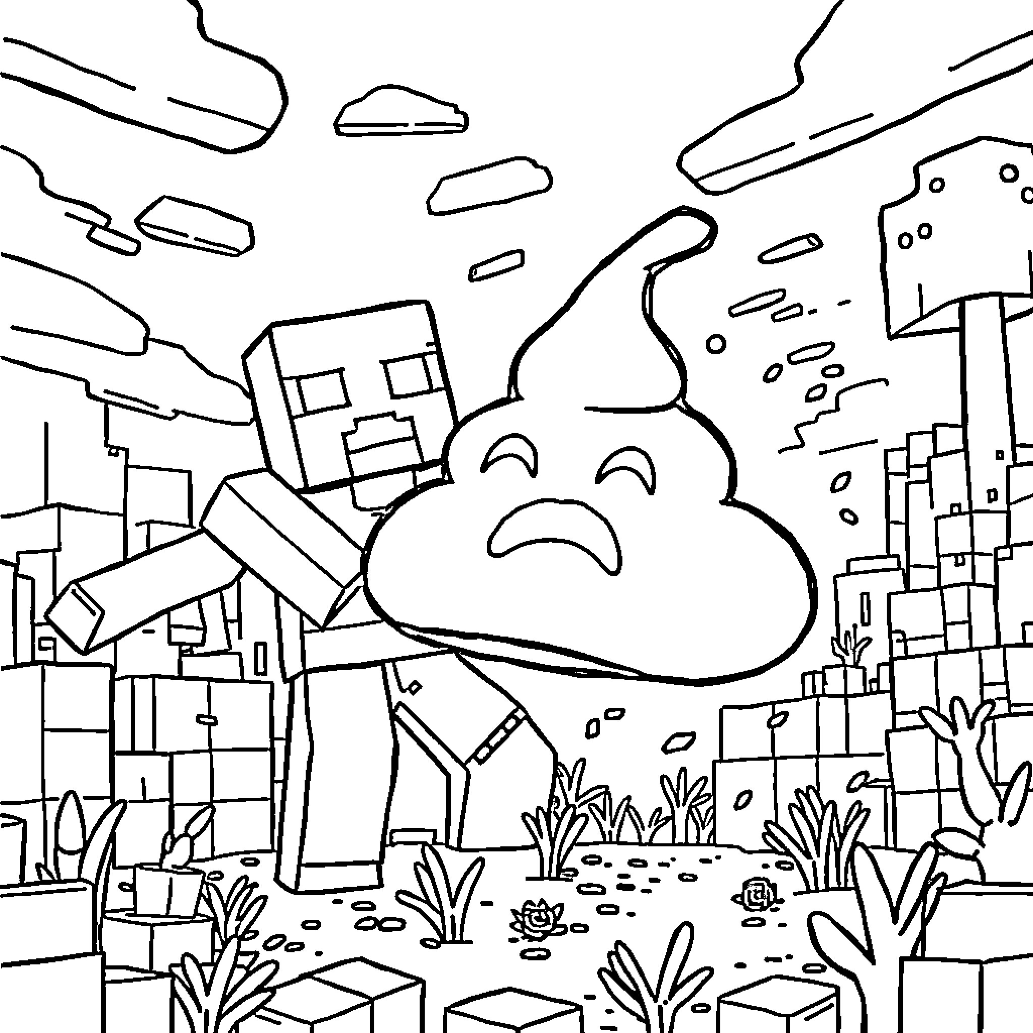 Poop decorating the serene landscape Coloring Page (free black-and-white line drawing printable PDF for all, from beginners to advanced learners, including children, teens, adults, and seniors)