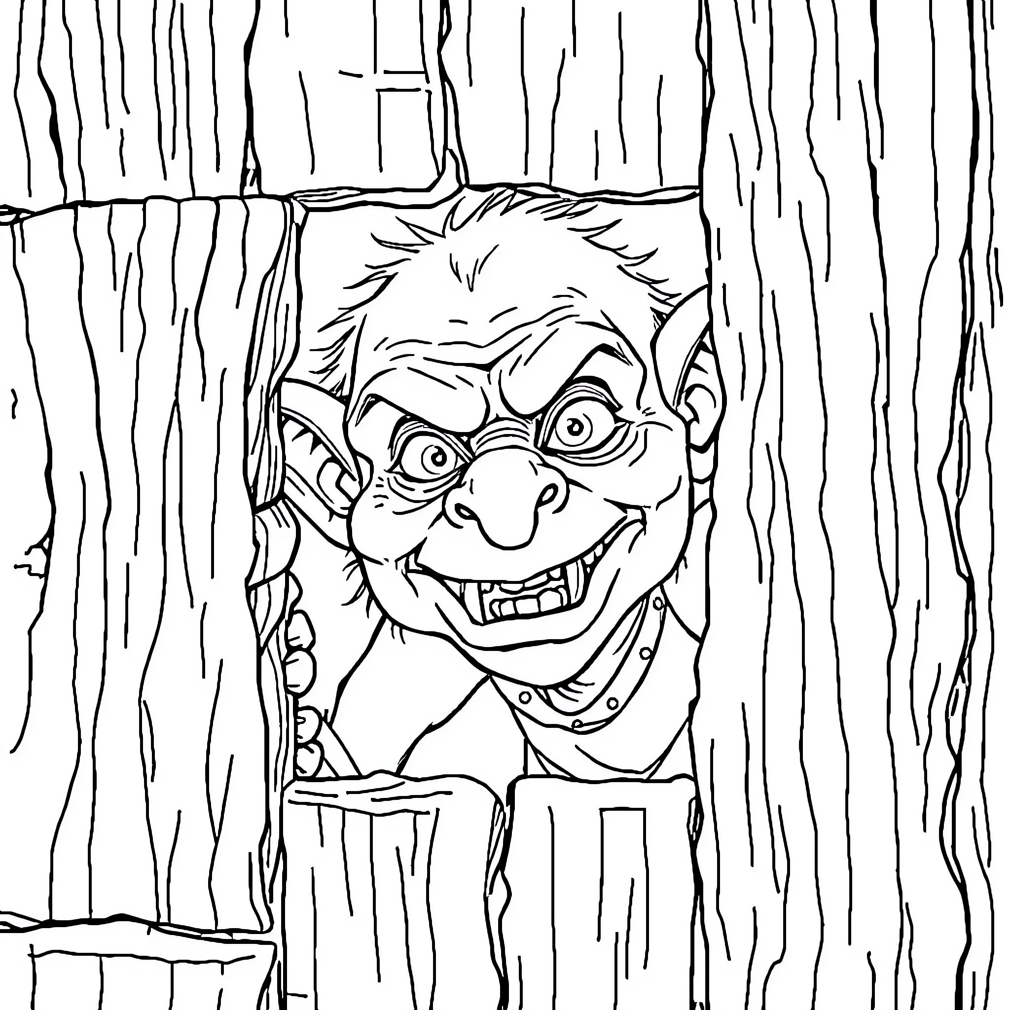 Goblin peeking mischievously through wooden slats Coloring Page (free black-and-white line drawing printable PDF for all, from beginners to advanced learners, including children, teens, adults, and seniors)