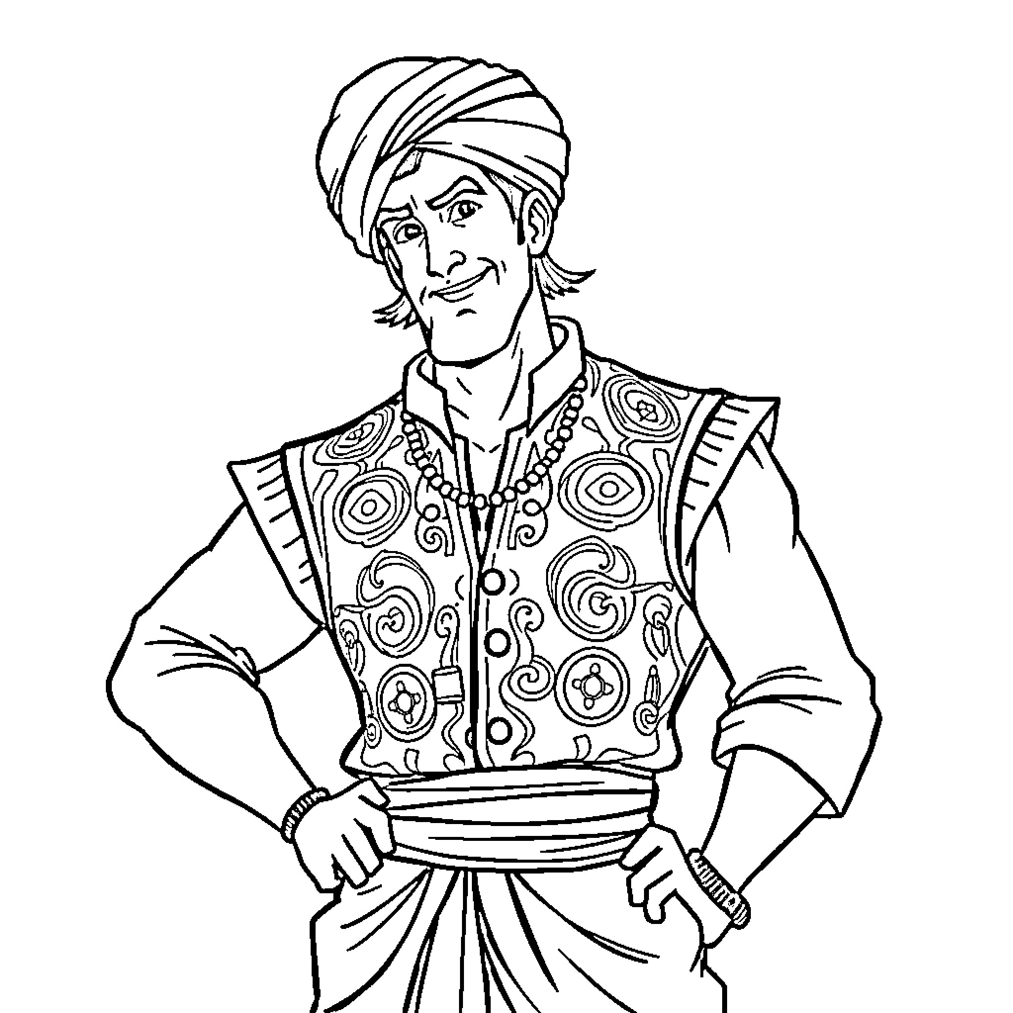 Ben Ten character wearing traditional ornate attire and turban Coloring Page (free black-and-white line drawing printable PDF for all, from beginners to advanced learners, including children, teens, adults, and seniors)