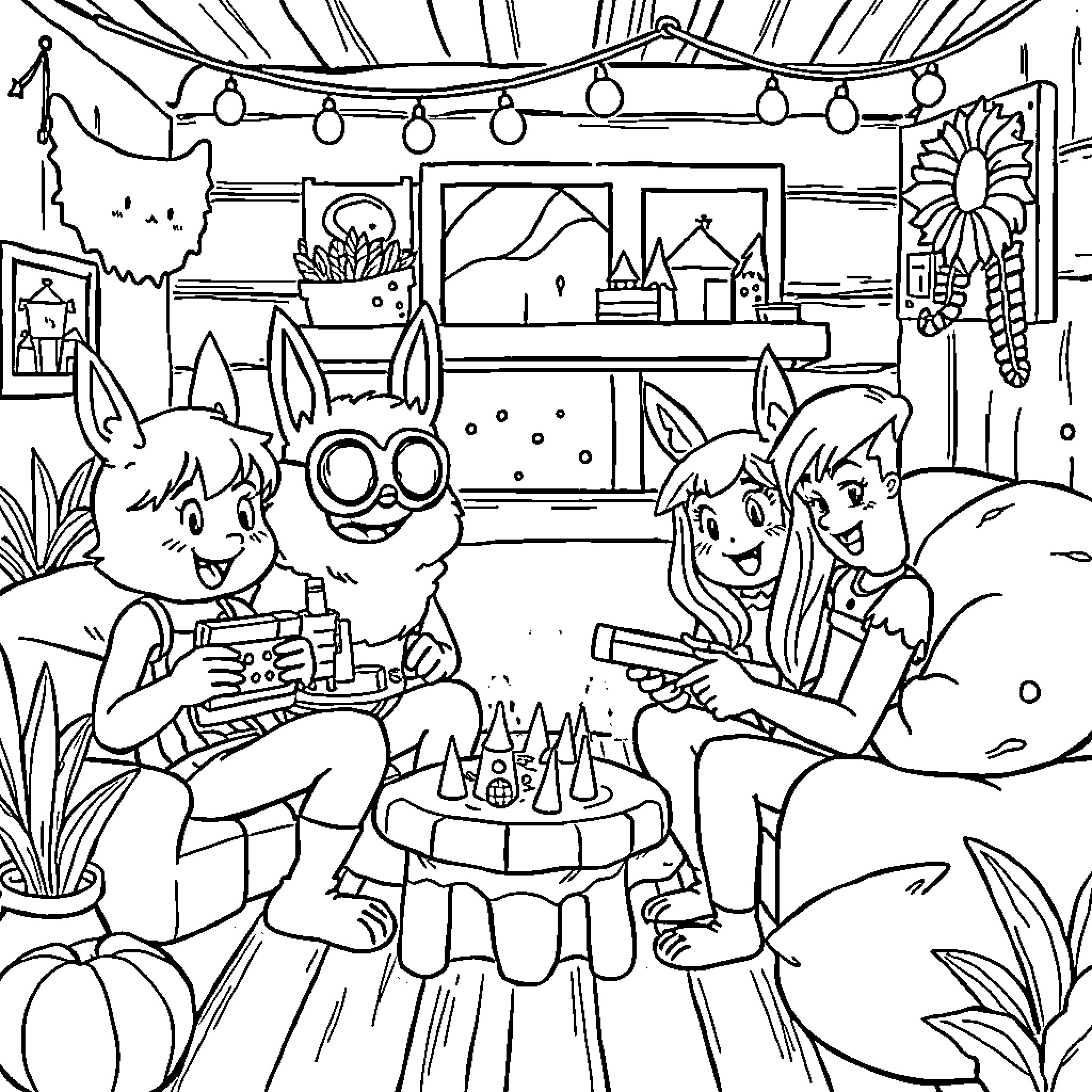 Huntrix's Party with Friends in the Magical Realm Coloring Page (free black-and-white line drawing printable PDF for all, from beginners to advanced learners, including children, teens, adults, and seniors)