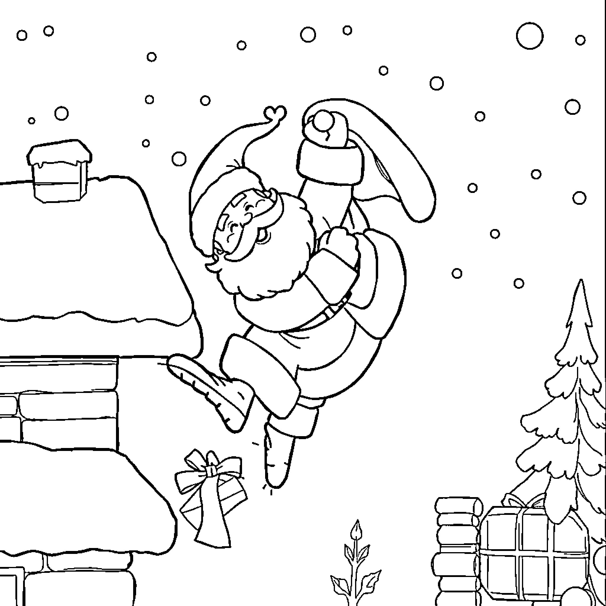 Santa delivering gifts in winter wonderland Coloring Page (free black-and-white line drawing printable PDF for all, from beginners to advanced learners, including children, teens, adults, and seniors)