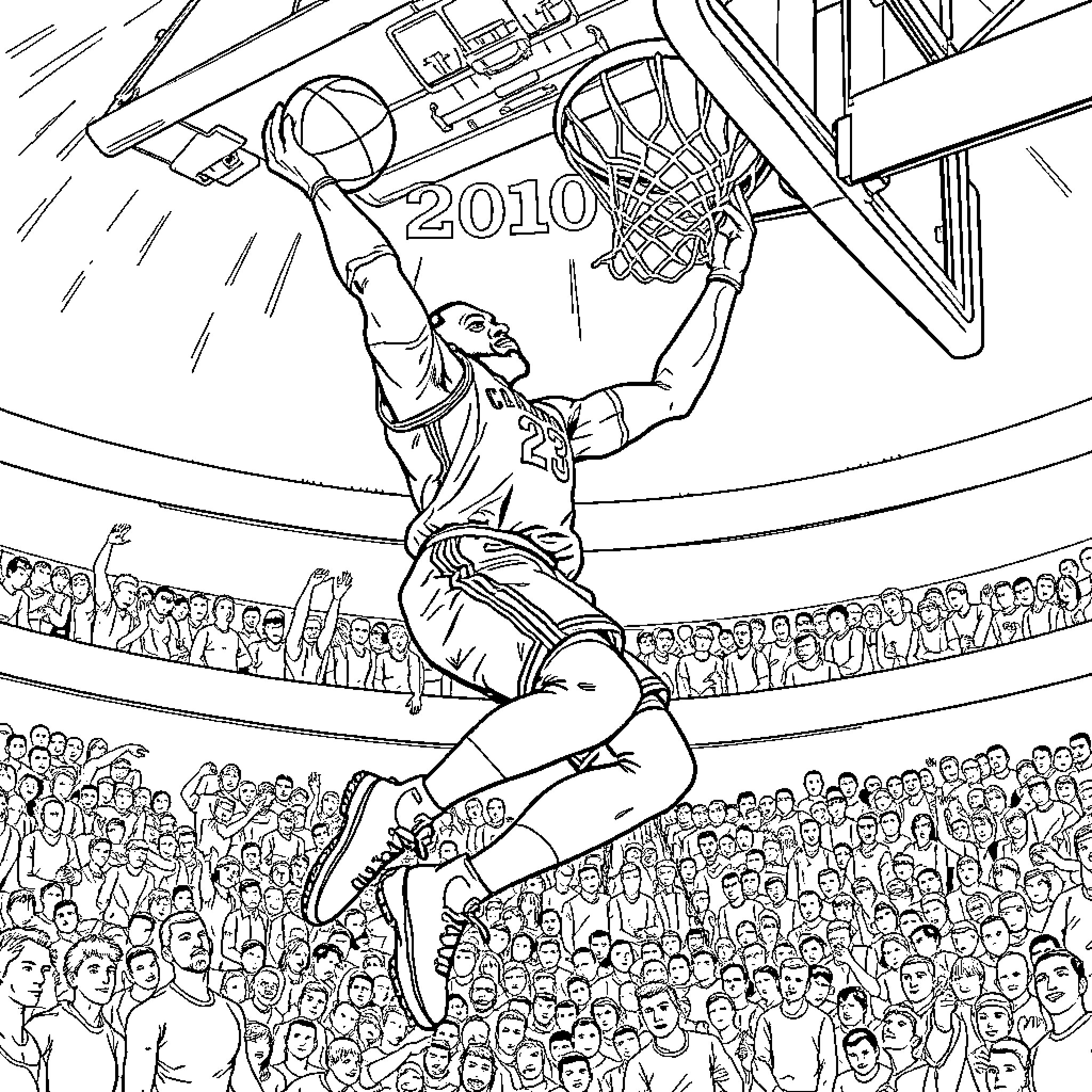 LeBron James making a spectacular dunk during a basketball game Coloring Page (free black-and-white line drawing printable PDF for all, from beginners to advanced learners, including children, teens, adults, and seniors)