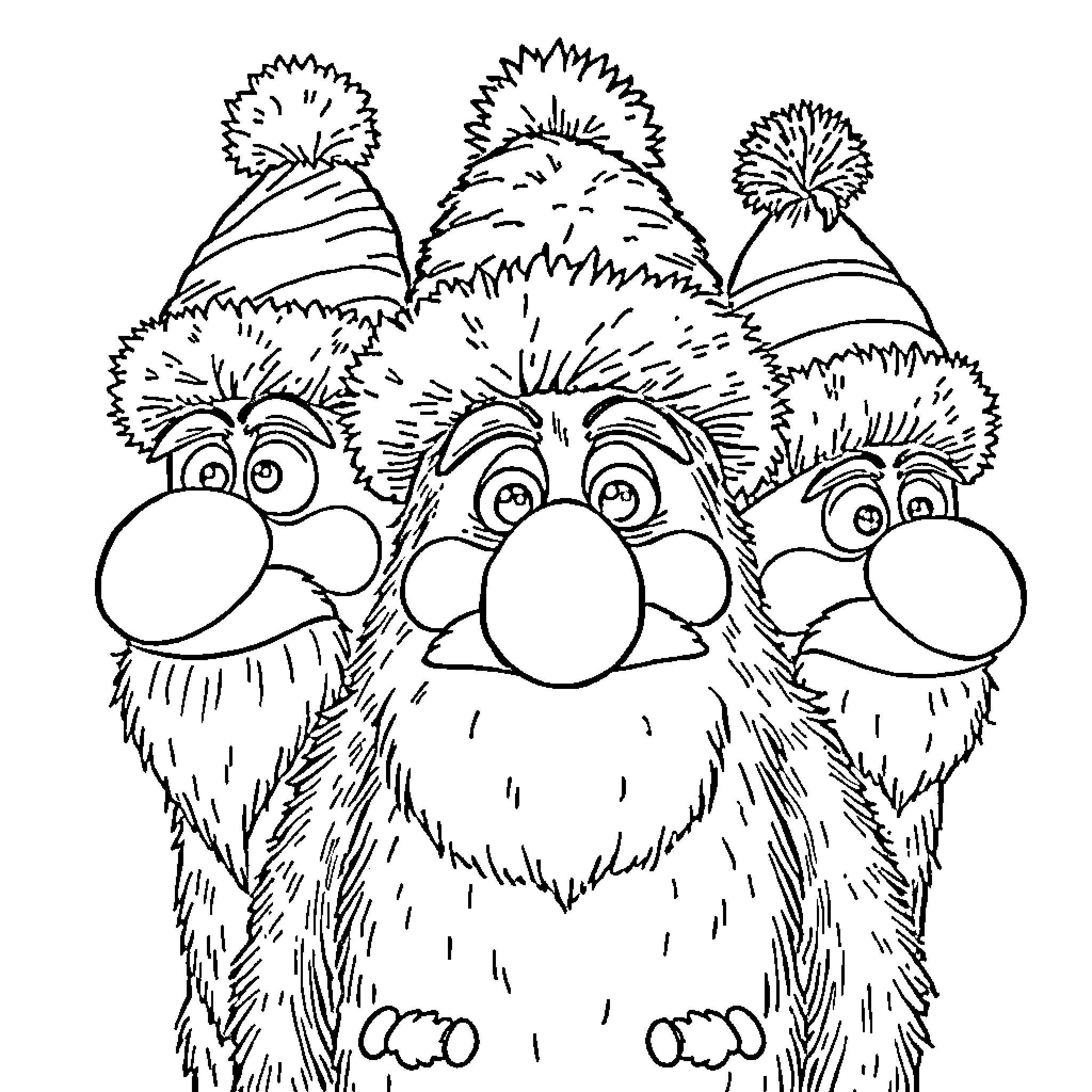 Gonk Furry Creatures Wearing Silly Hats Coloring Page (free black-and-white line drawing printable PDF for all, from beginners to advanced learners, including children, teens, adults, and seniors)
