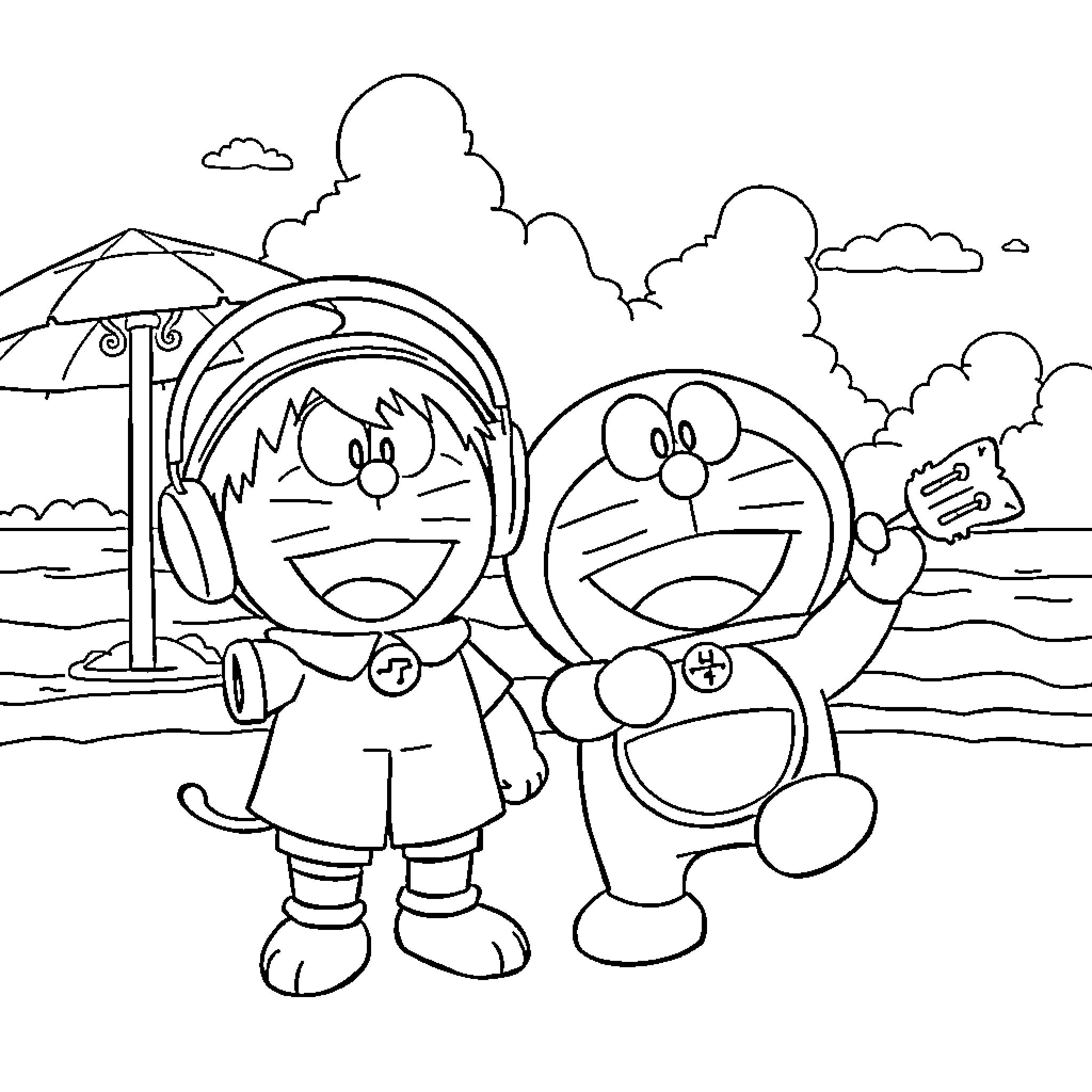 Nobita and Doraemon's Beach Adventure Coloring Page (free black-and-white line drawing printable PDF for all, from beginners to advanced learners, including children, teens, adults, and seniors)