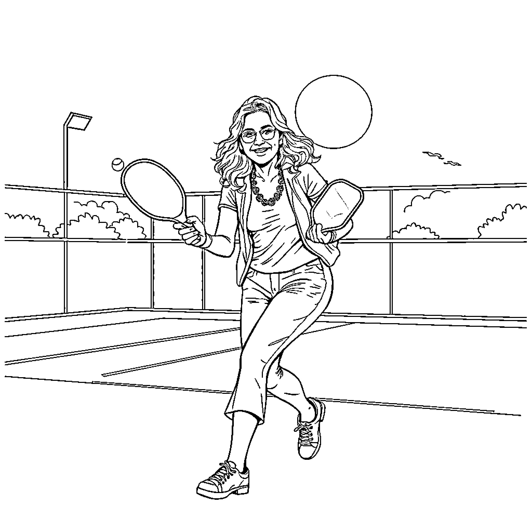 Madonna playing tennis on a sunny day Coloring Page (free black-and-white line drawing printable PDF for all, from beginners to advanced learners, including children, teens, adults, and seniors)