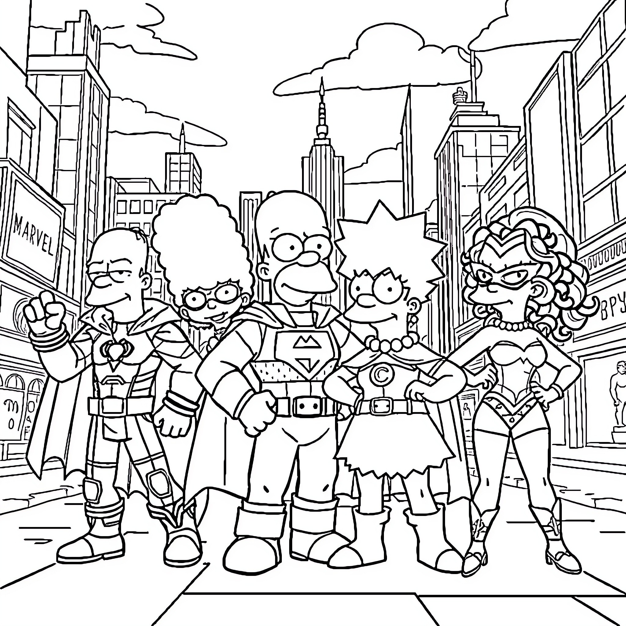 Simpson family characters in a city scene Coloring Page (free black-and-white line drawing printable PDF for all, from beginners to advanced learners, including children, teens, adults, and seniors)